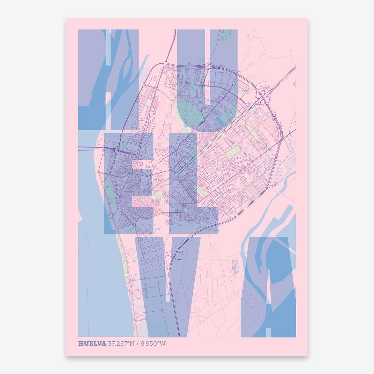 The map of Huelva with letters of its name placed randomly, designed in pink and light blue