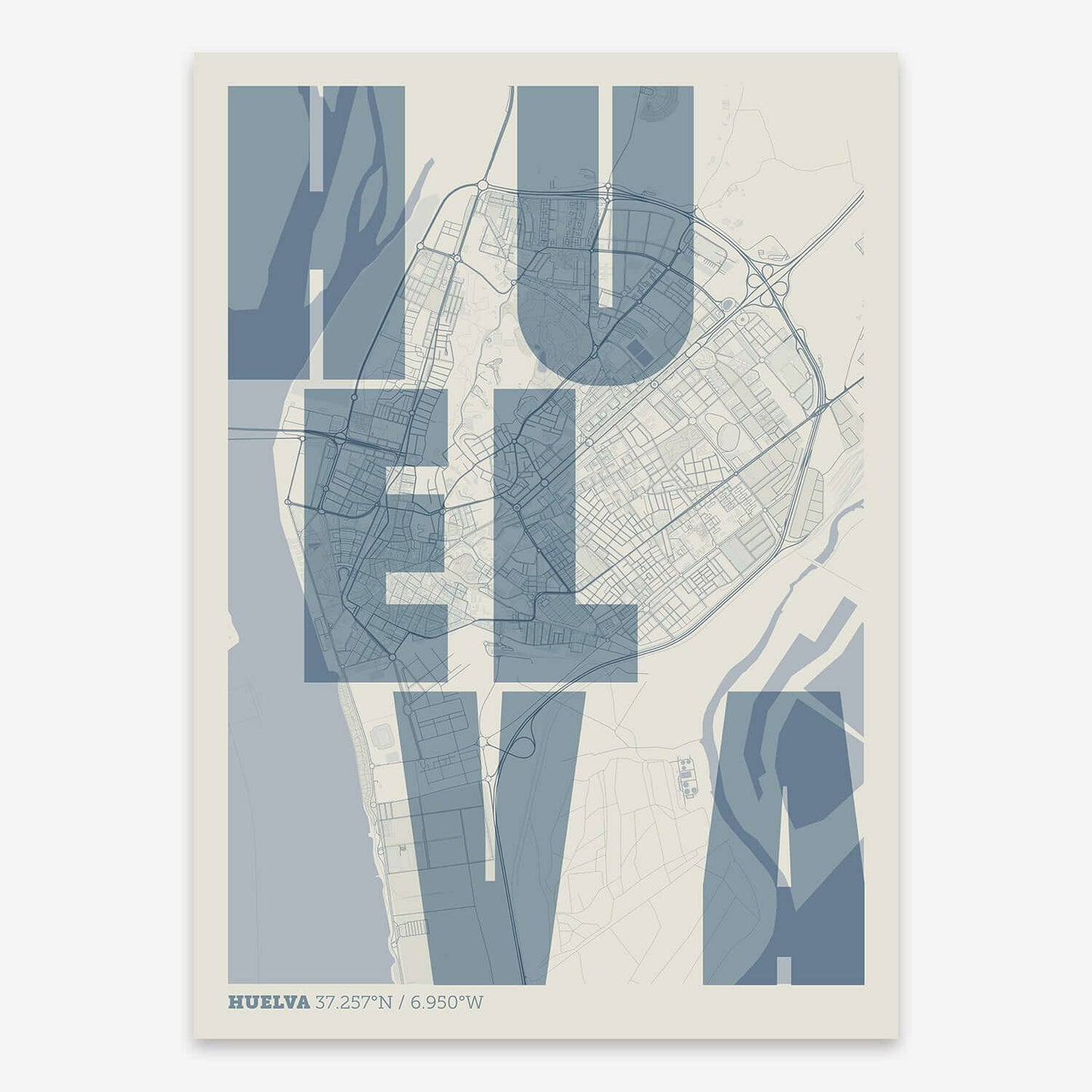 The map of Huelva with letters of its name placed randomly, designed in bluish gray and an off-white background