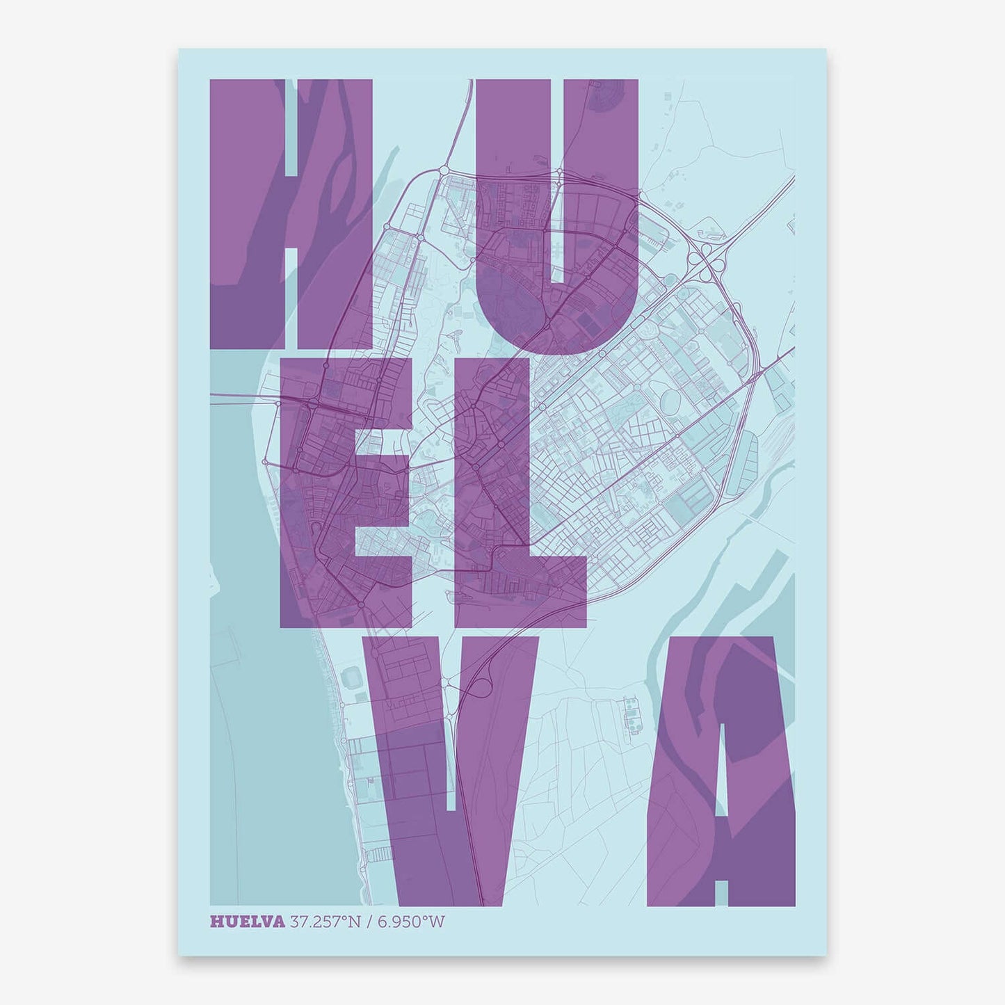 The map of Huelva with letters of its name placed randomly, designed in purple and light blue