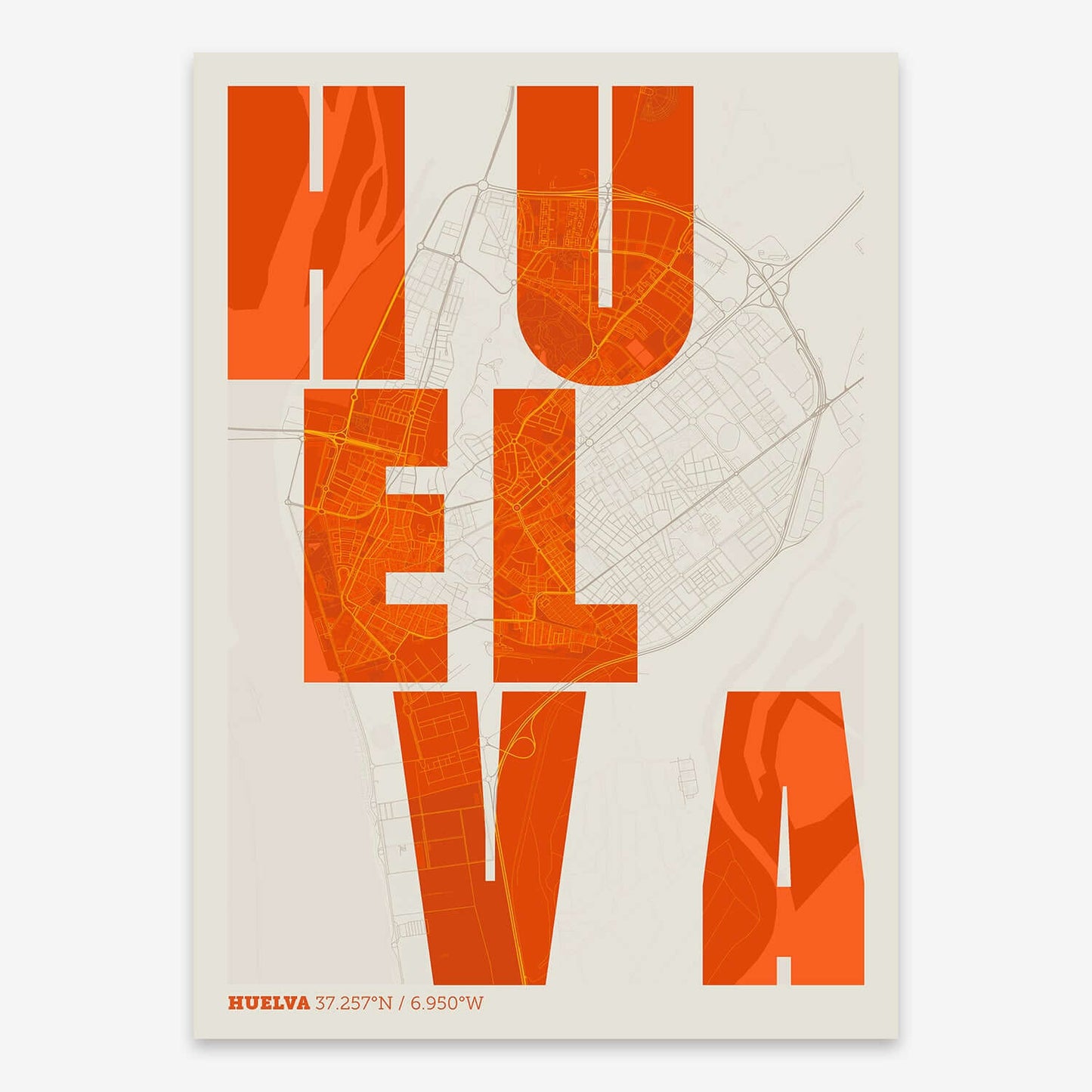 The map of Huelva with letters of its name placed randomly, designed in orange and an off-white background