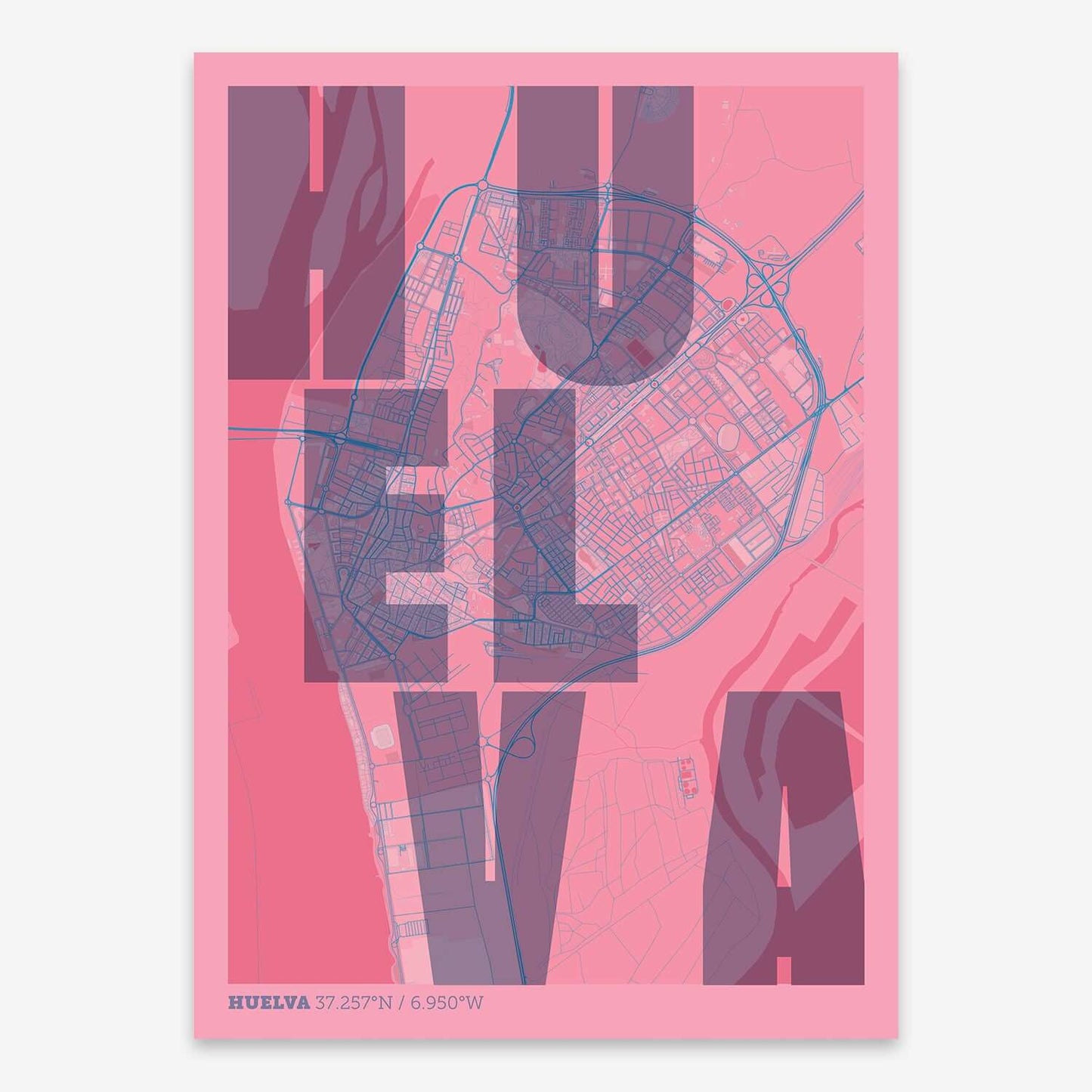 The map of Huelva with letters of its name placed randomly, designed in violet y pink background