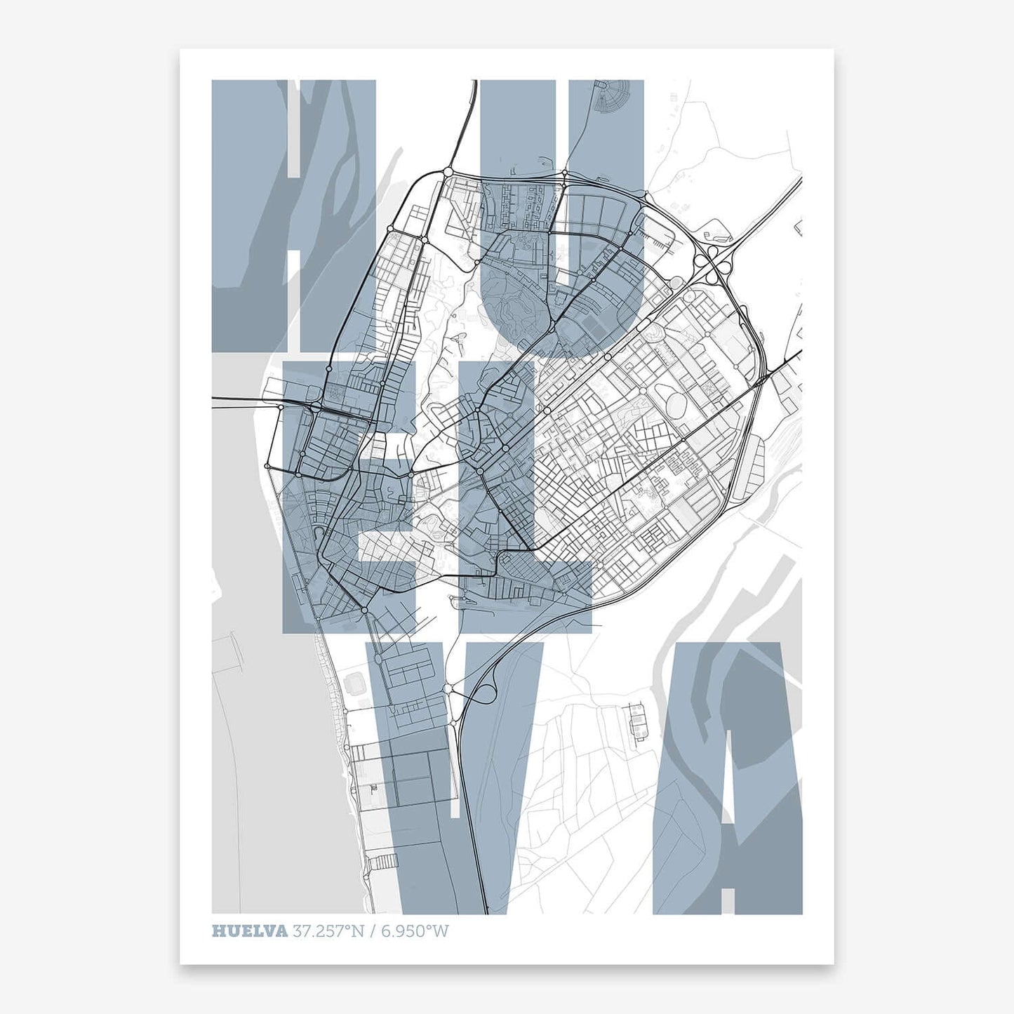 The map of Huelva with letters of its name placed randomly, designed in black and white