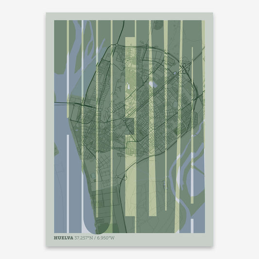 The map of Huelva and letters of its name in a giclée print designed in two green tones