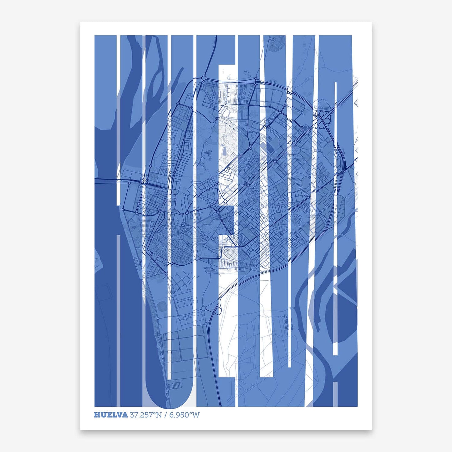 The map of Huelva and letters of its name in a giclée print designed in navy blue and white