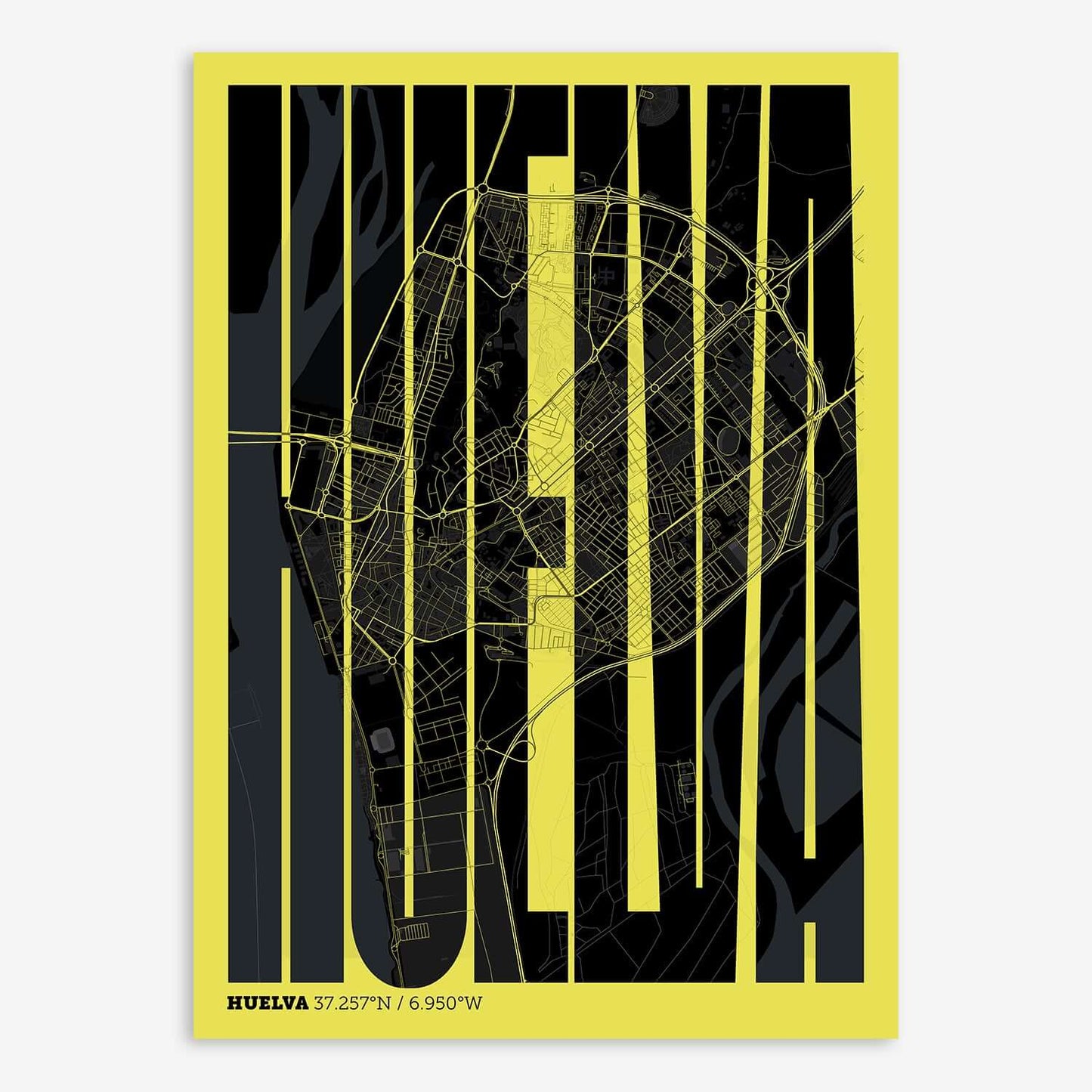 The map of Huelva and letters of its name in a giclée print designed in black and yellow