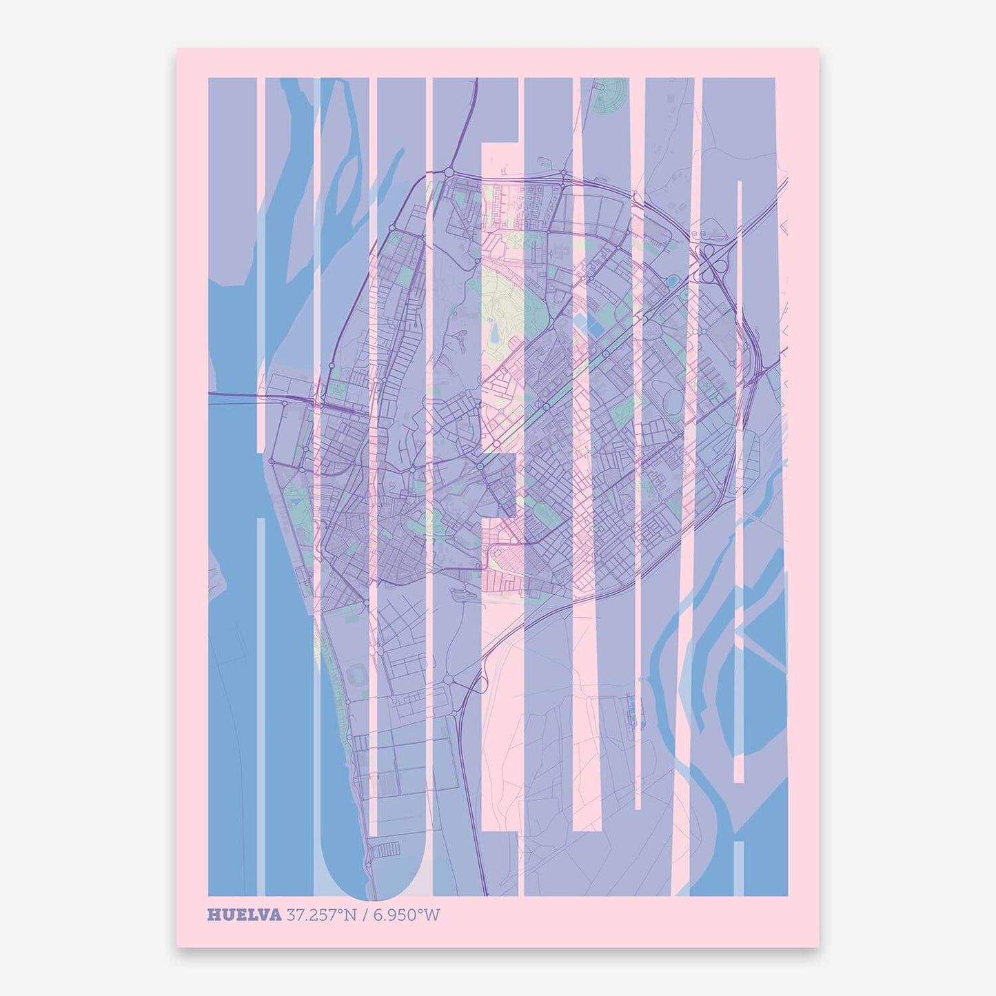 The map of Huelva and letters of its name in a giclée print designed in pink and light blue