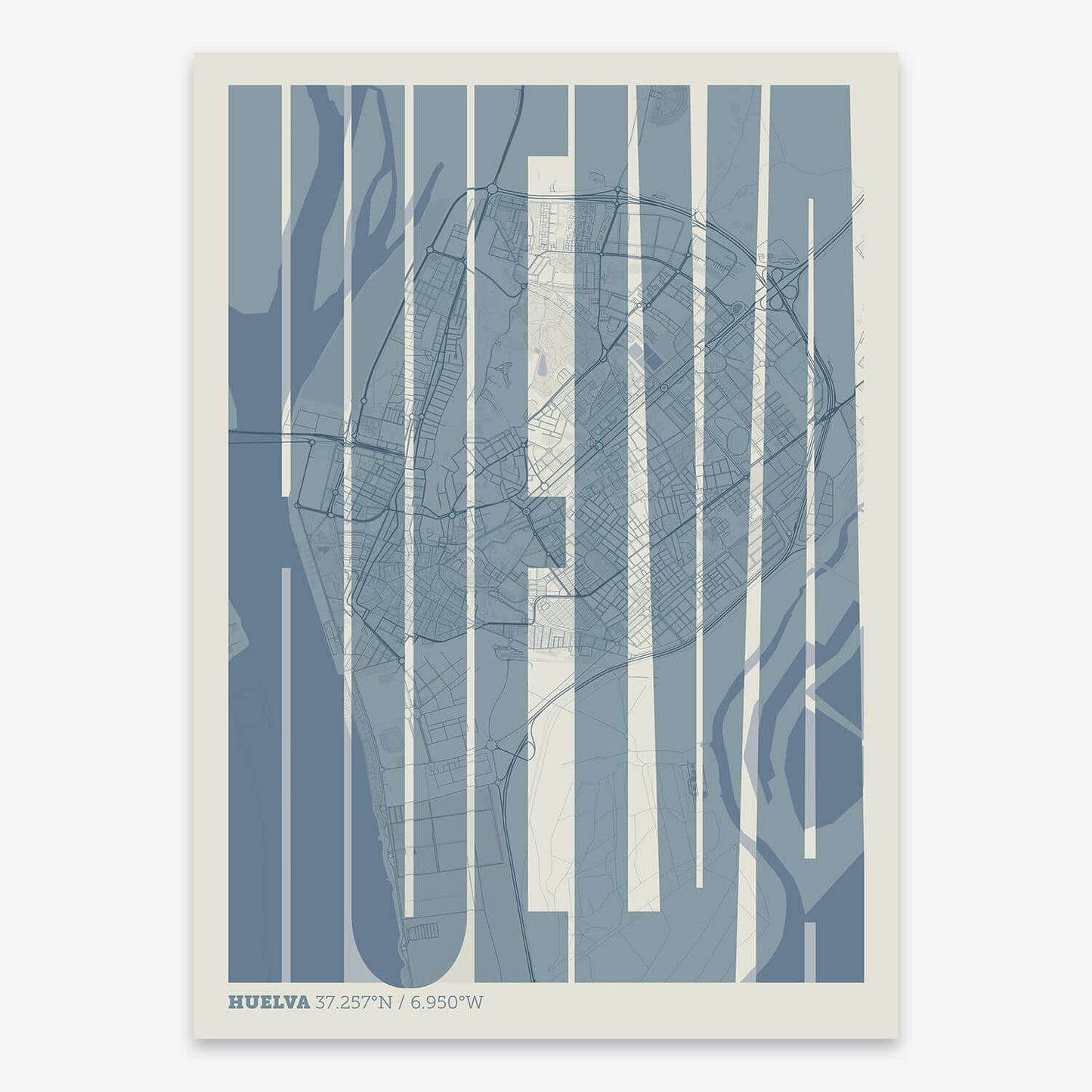 The map of Huelva and letters of its name in a giclée print designed in bluish gray and an off-white background