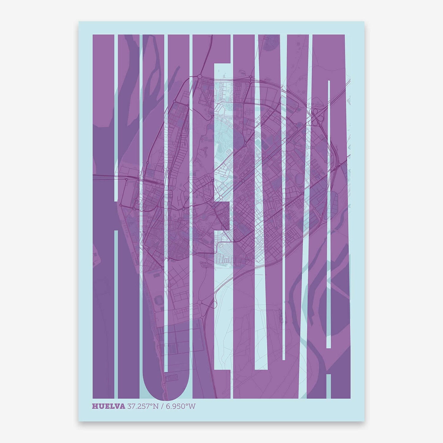 The map of Huelva and letters of its name in a giclée print designed in purple and light blue