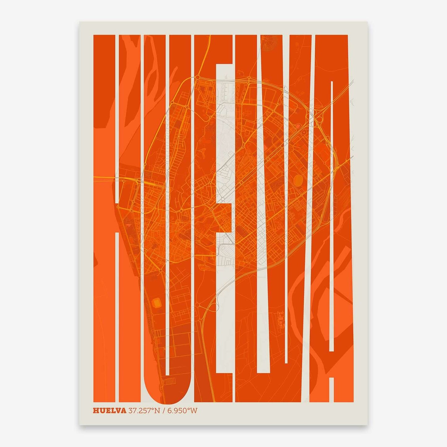 The map of Huelva and letters of its name in a giclée print designed in orange and an off-white background