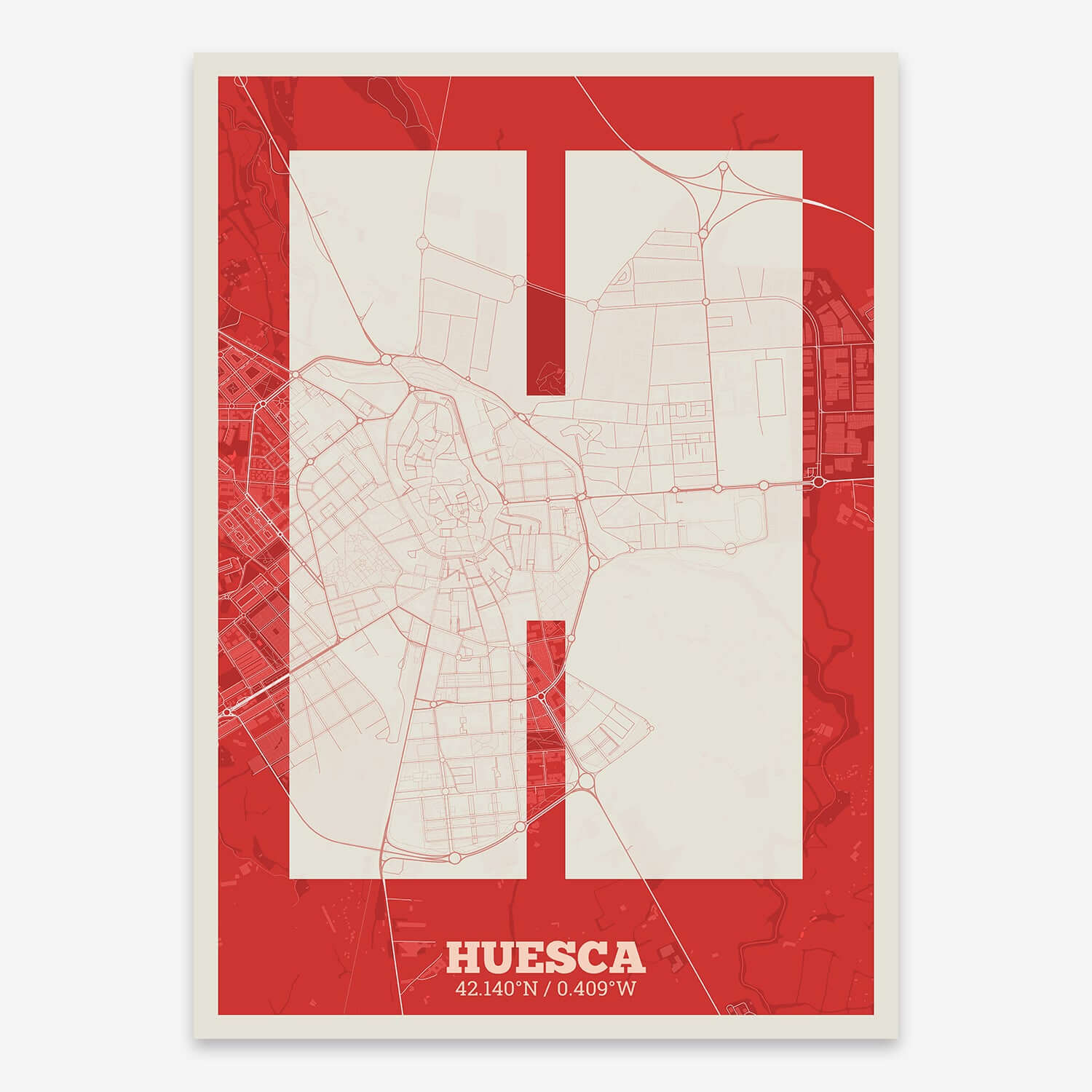 The map of Huesca composed with letters in a heavy geometric font printed on red and an off-white background