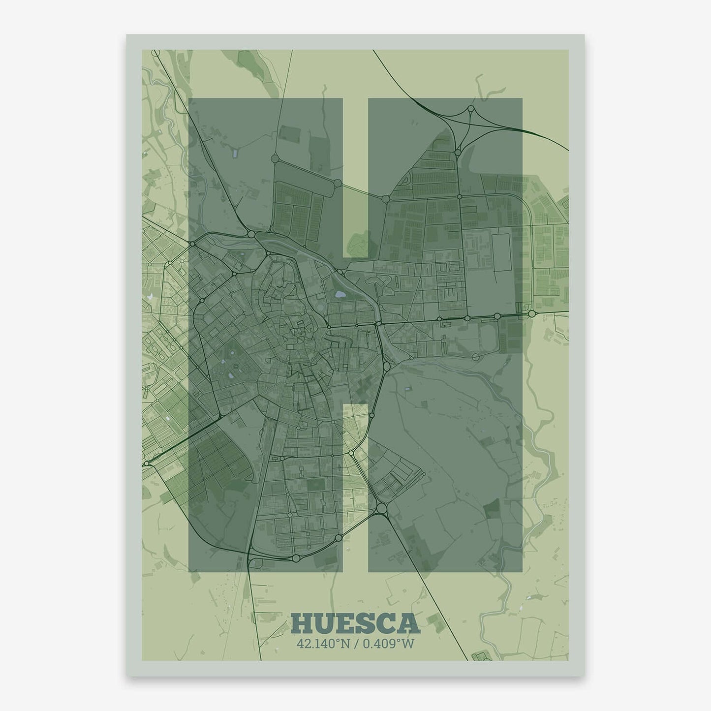The map of Huesca composed with letters in a heavy geometric font printed on two green tones