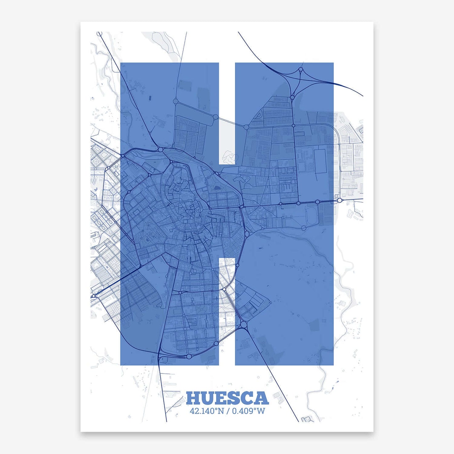 The map of Huesca composed with letters in a heavy geometric font printed on navy blue and white