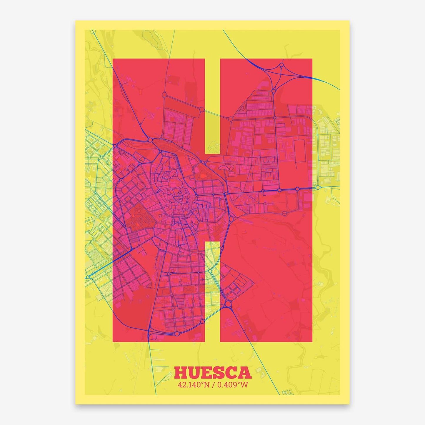 The map of Huesca composed with letters in a heavy geometric font printed on yellow and fuchsia