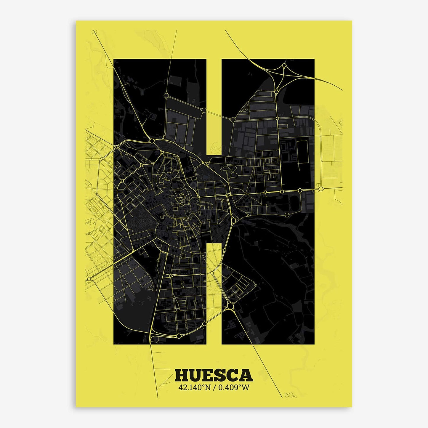 The map of Huesca composed with letters in a heavy geometric font printed on black and yellow