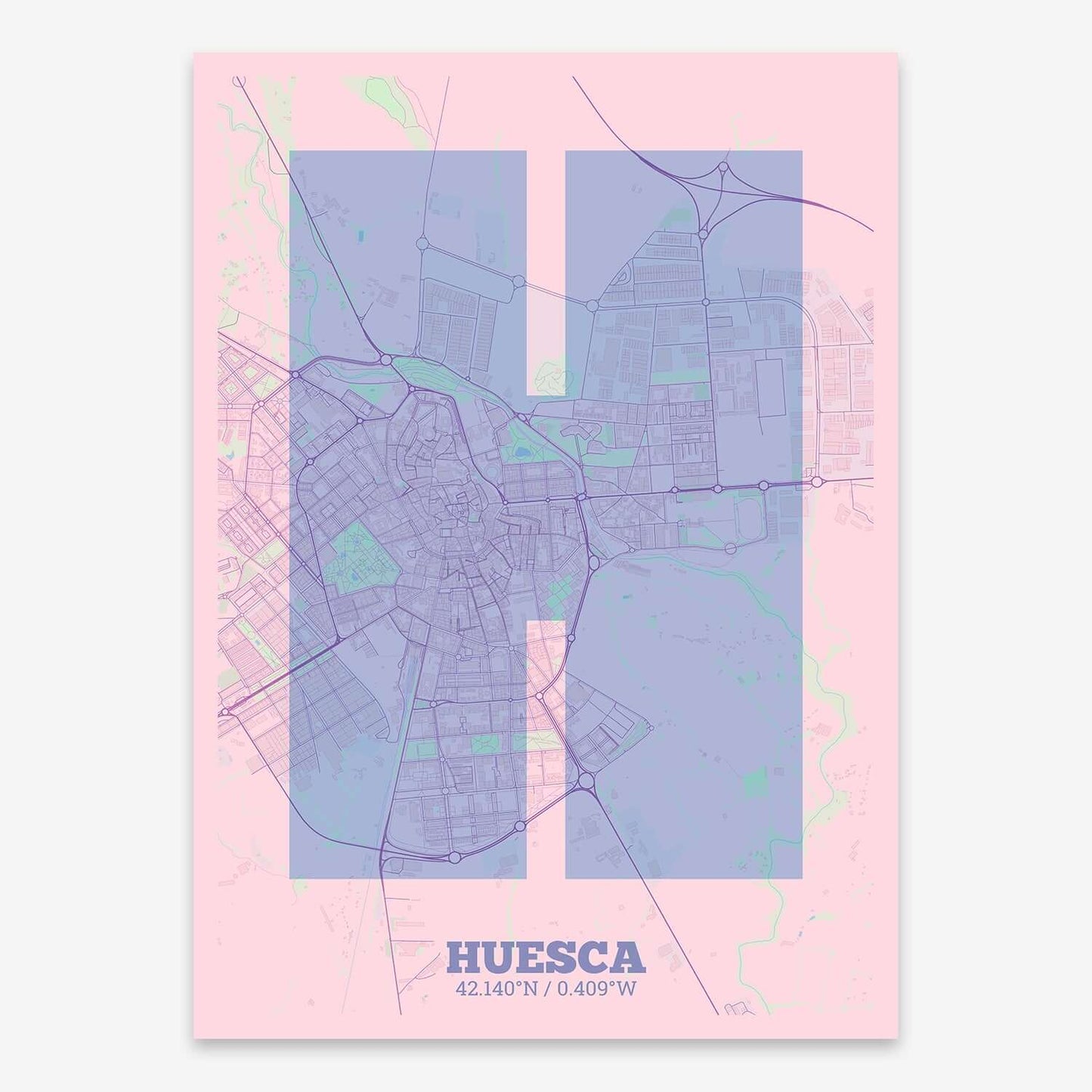 The map of Huesca composed with letters in a heavy geometric font printed on pink and light blue