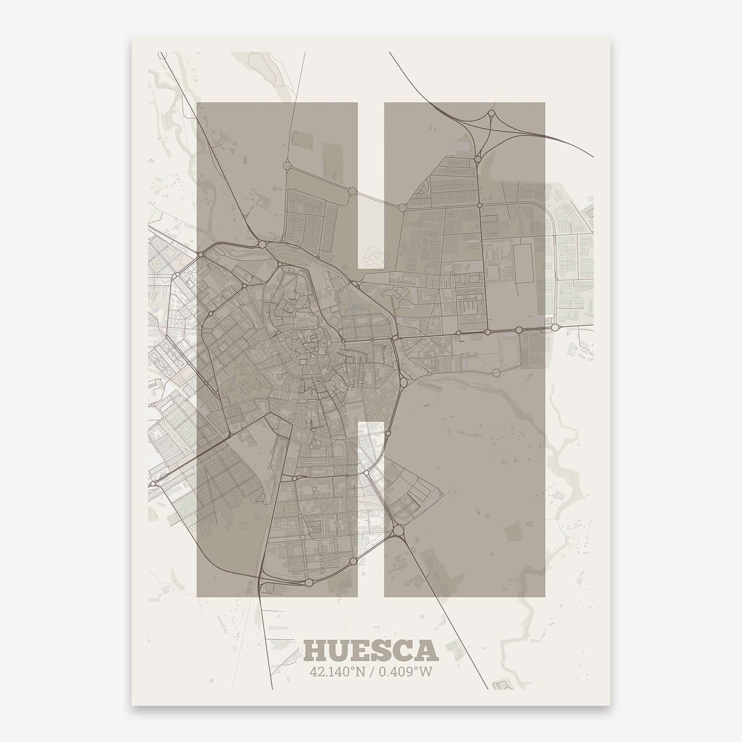 The map of Huesca composed with letters in a heavy geometric font printed on light brown and an off-white background