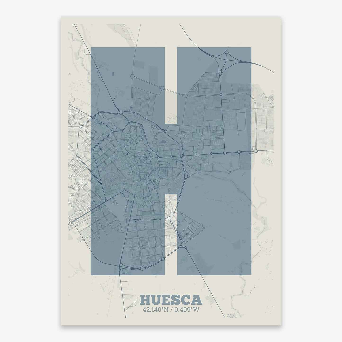 The map of Huesca composed with letters in a heavy geometric font printed on bluish gray and an off-white background