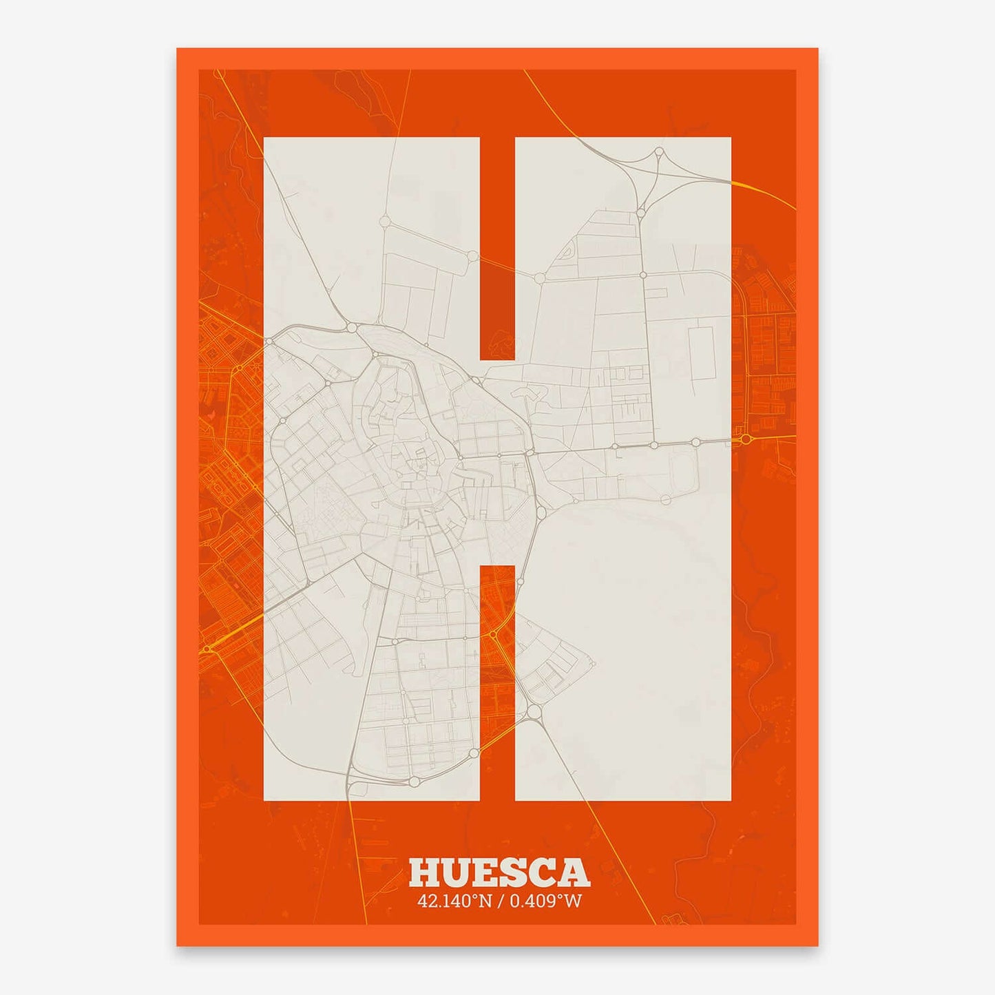 The map of Huesca composed with letters in a heavy geometric font printed on orange and an off-white background