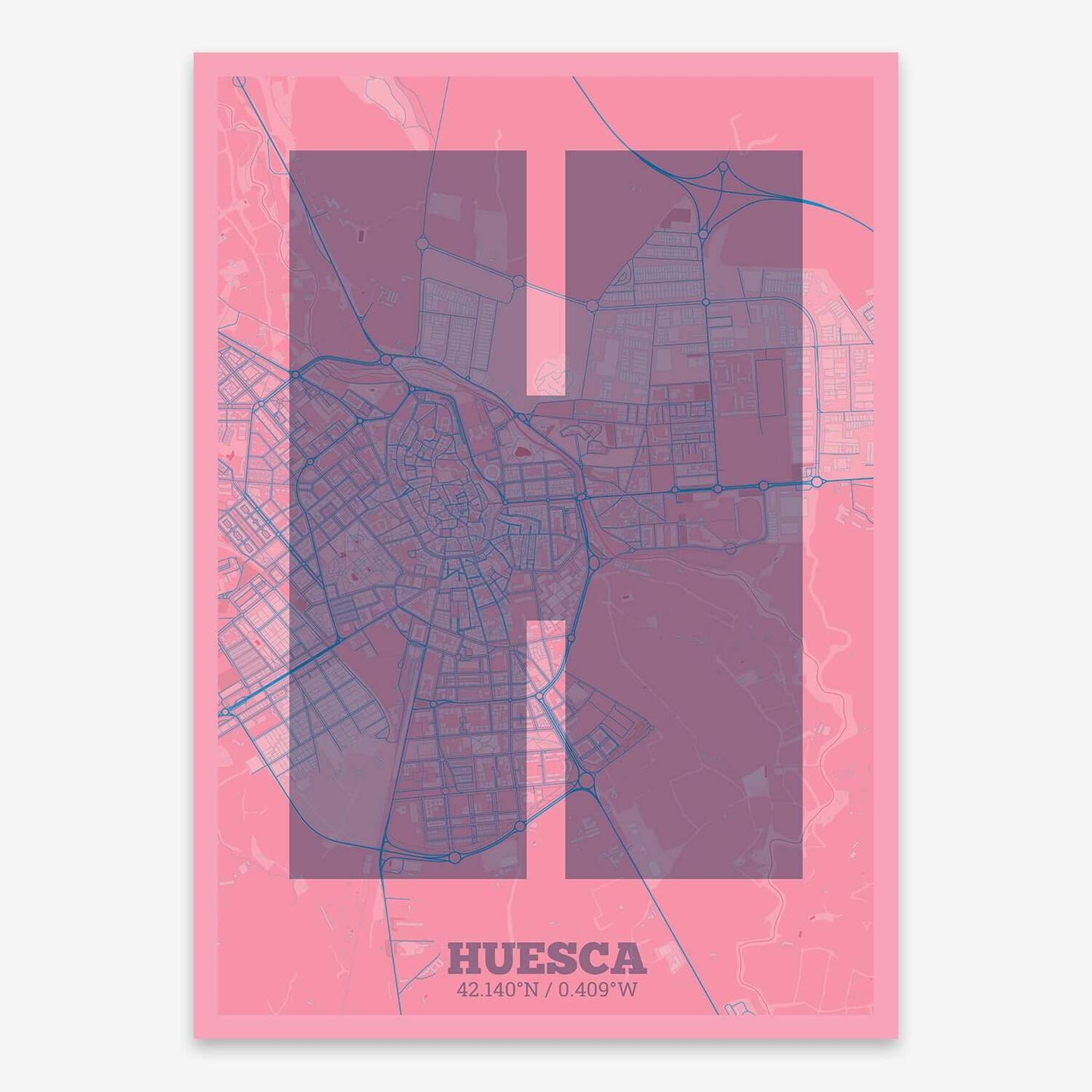 The map of Huesca composed with letters in a heavy geometric font printed on violet y pink background