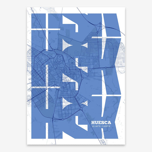 The map of Huesca composed with letters from its name or IATA code printed on navy blue and white