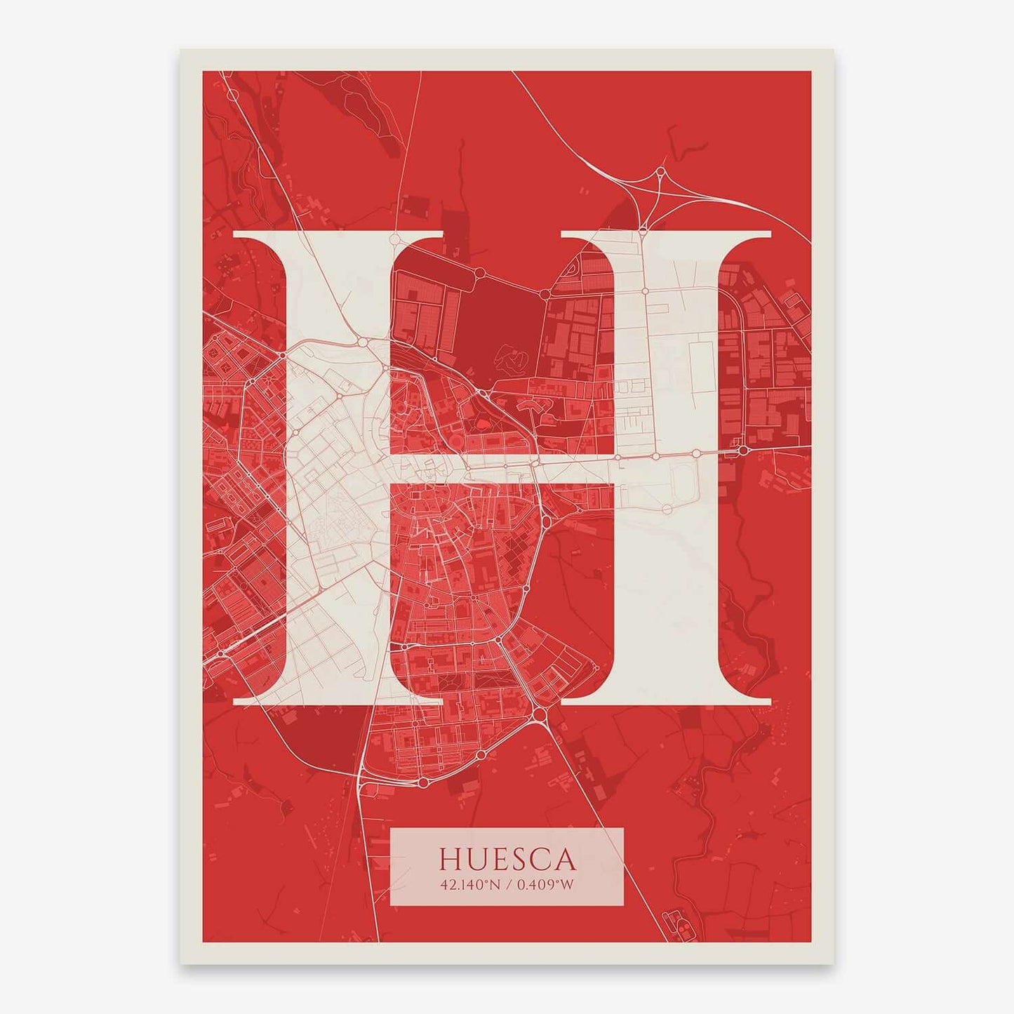 The map of Huesca composed with letters in serif font printed on red and an off-white background