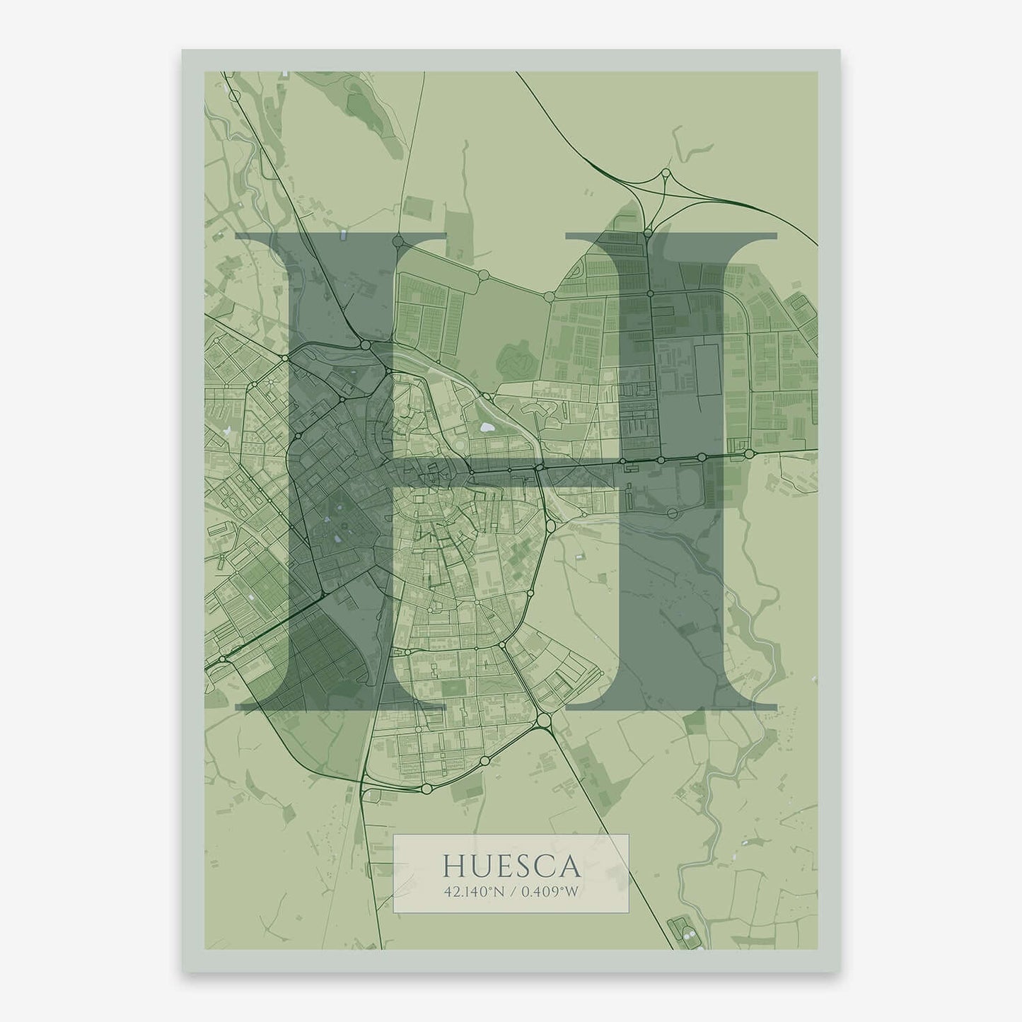 The map of Huesca composed with letters in serif font printed on two green tones