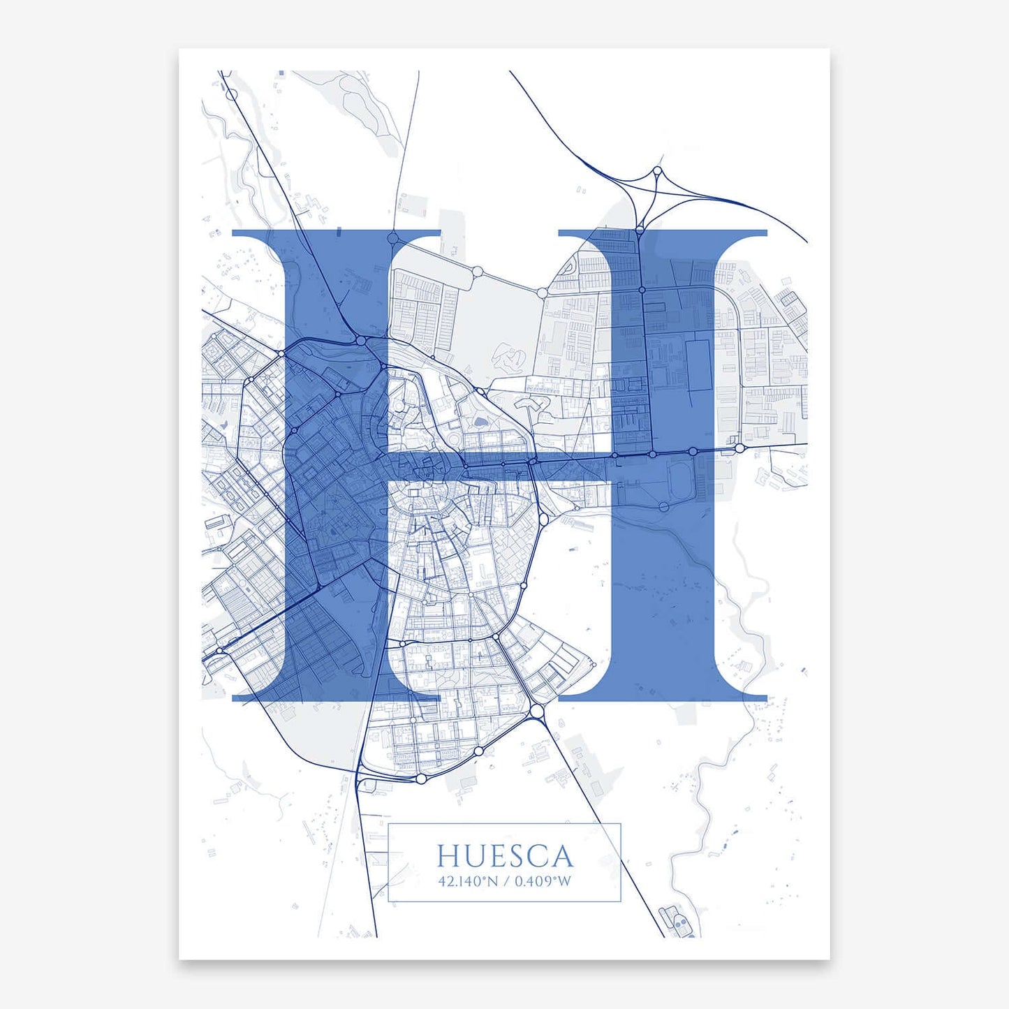 The map of Huesca composed with letters in serif font printed on navy blue and white