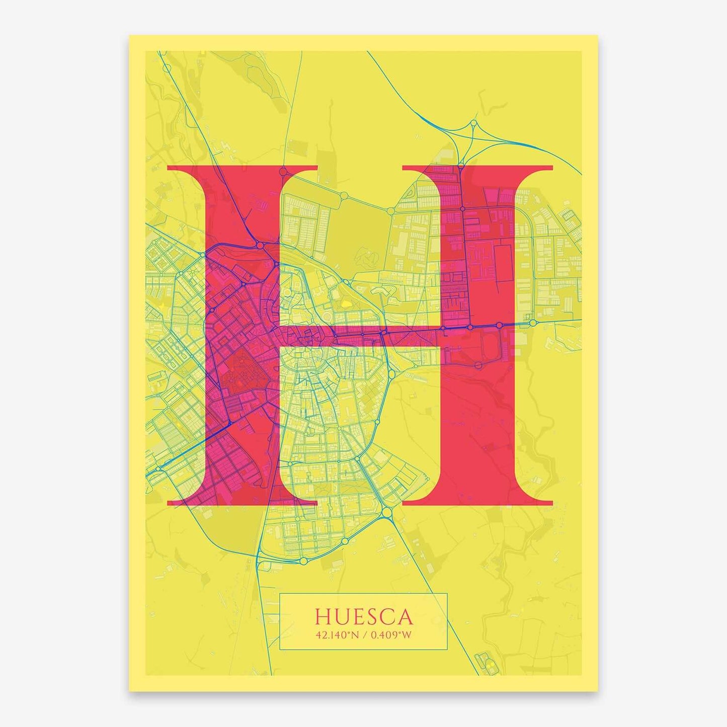 The map of Huesca composed with letters in serif font printed on yellow and fuchsia