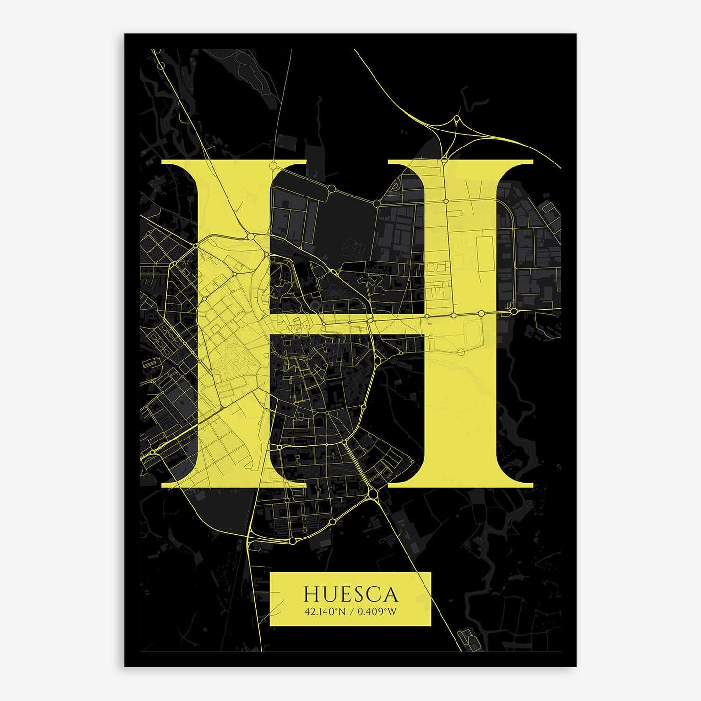 The map of Huesca composed with letters in serif font printed on black and yellow