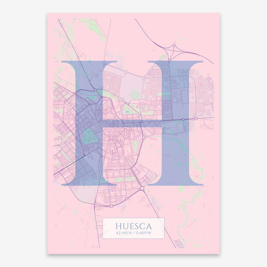 The map of Huesca composed with letters in serif font printed on pink and light blue