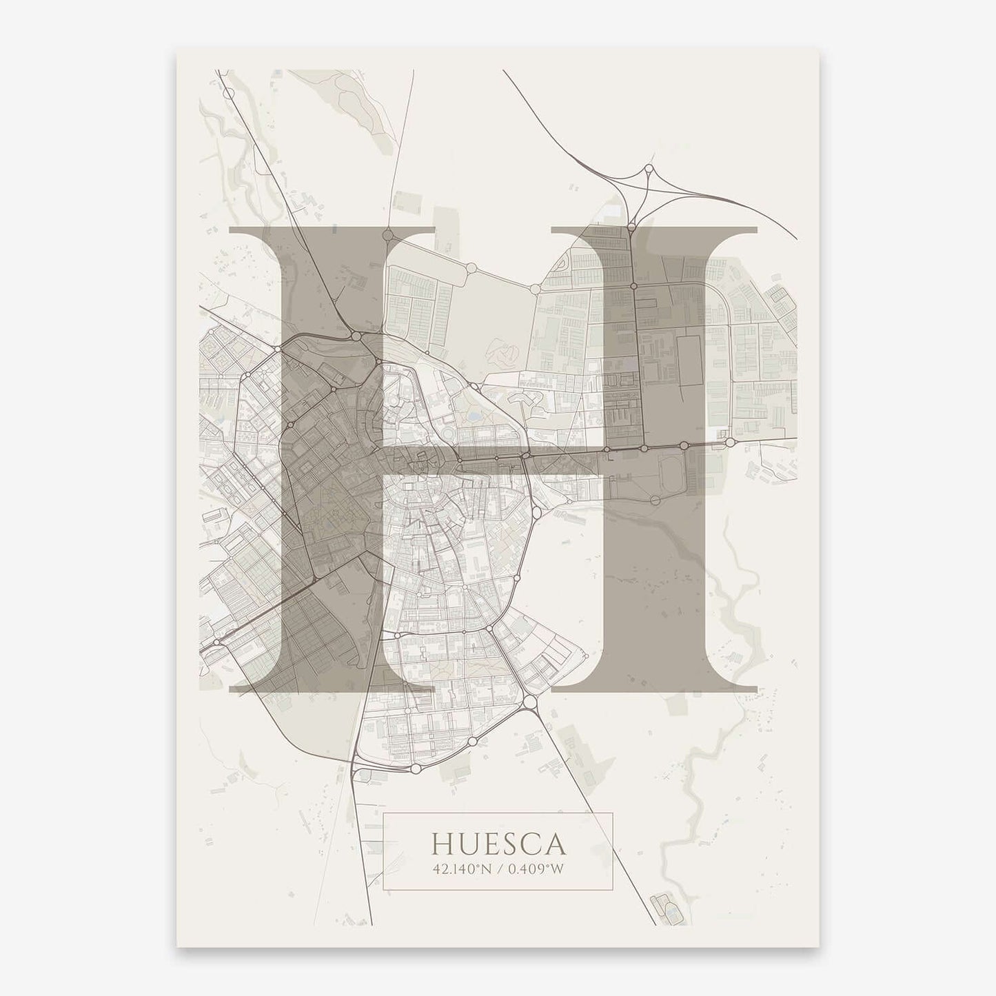 The map of Huesca composed with letters in serif font printed on light brown and an off-white background