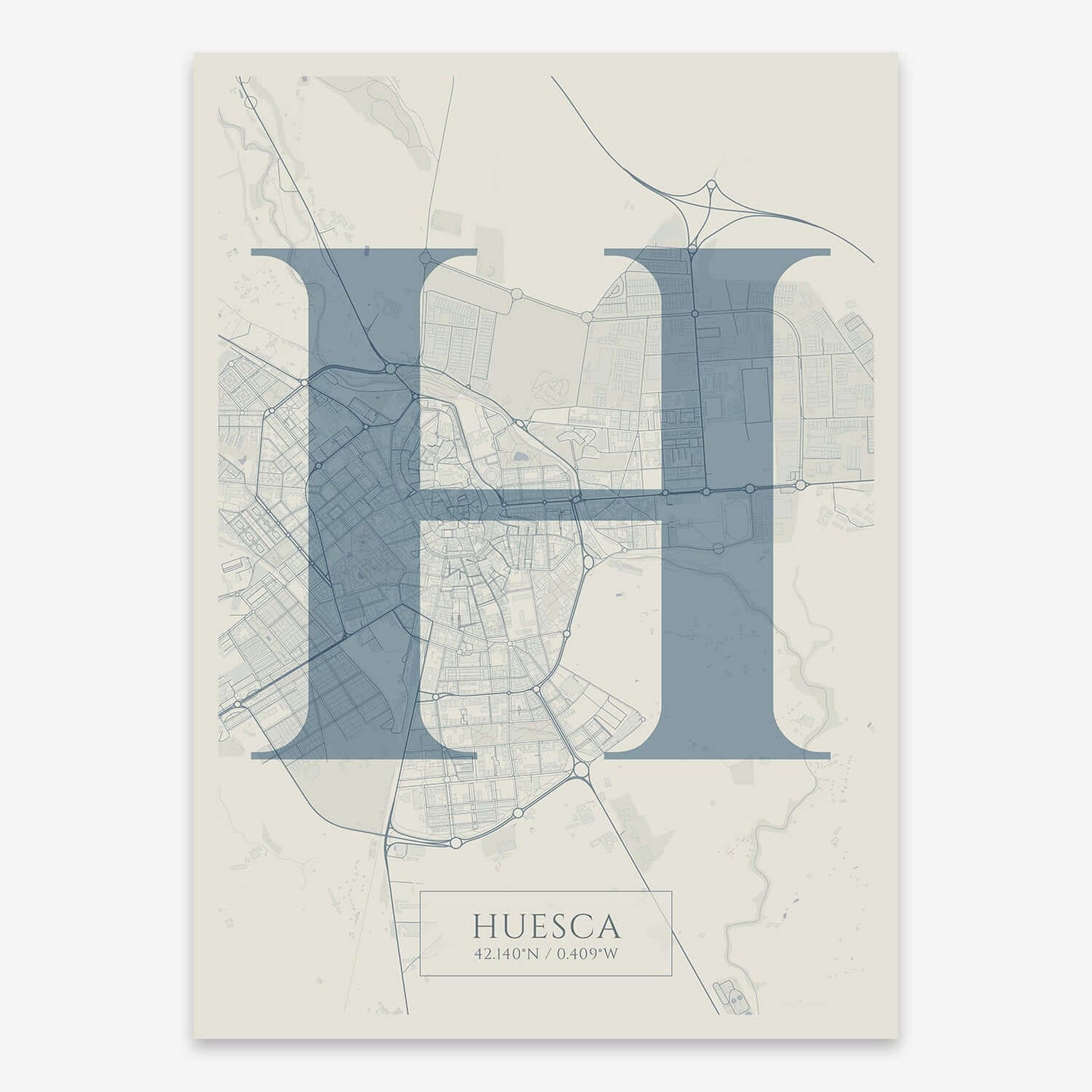 The map of Huesca composed with letters in serif font printed on bluish gray and an off-white background