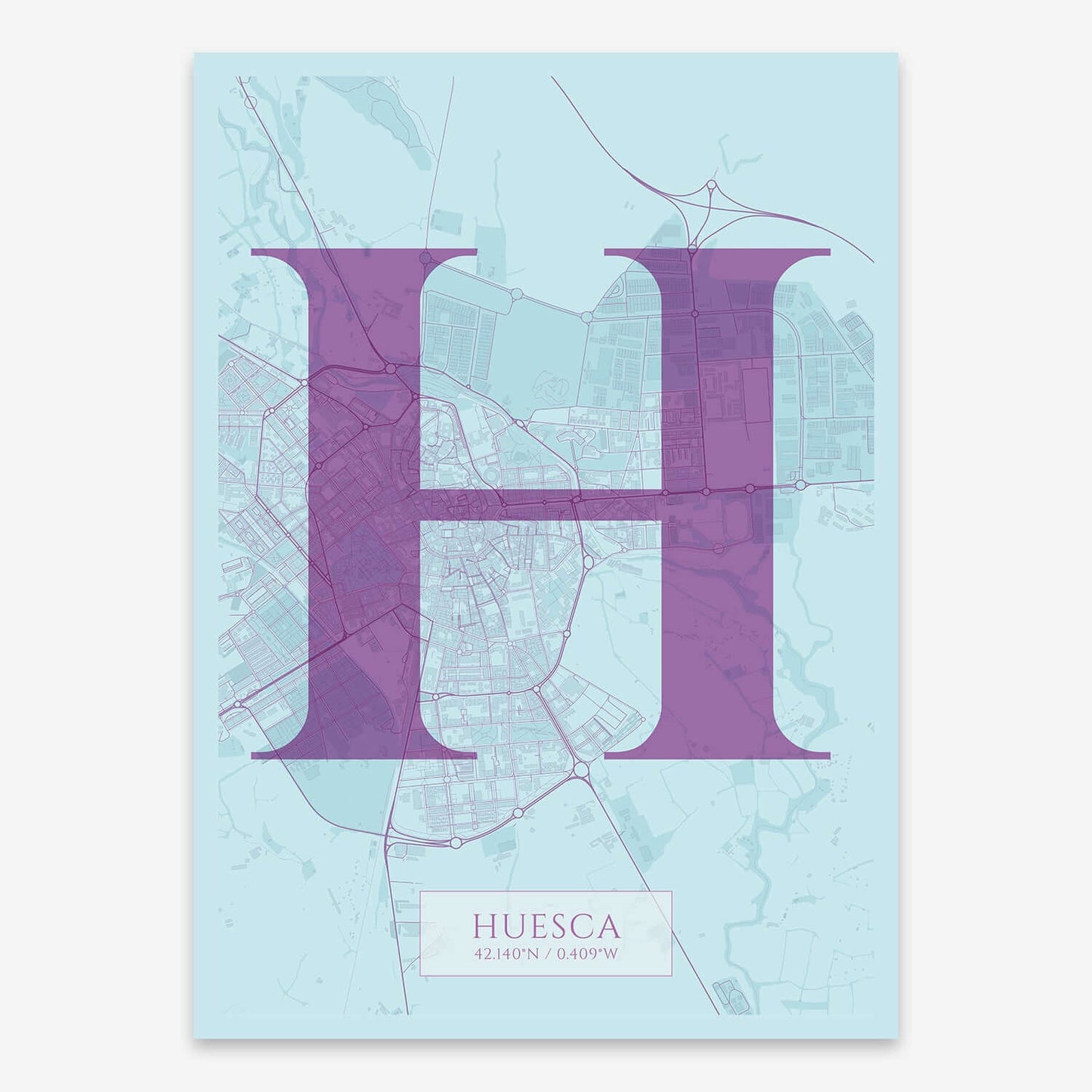 The map of Huesca composed with letters in serif font printed on purple and light blue