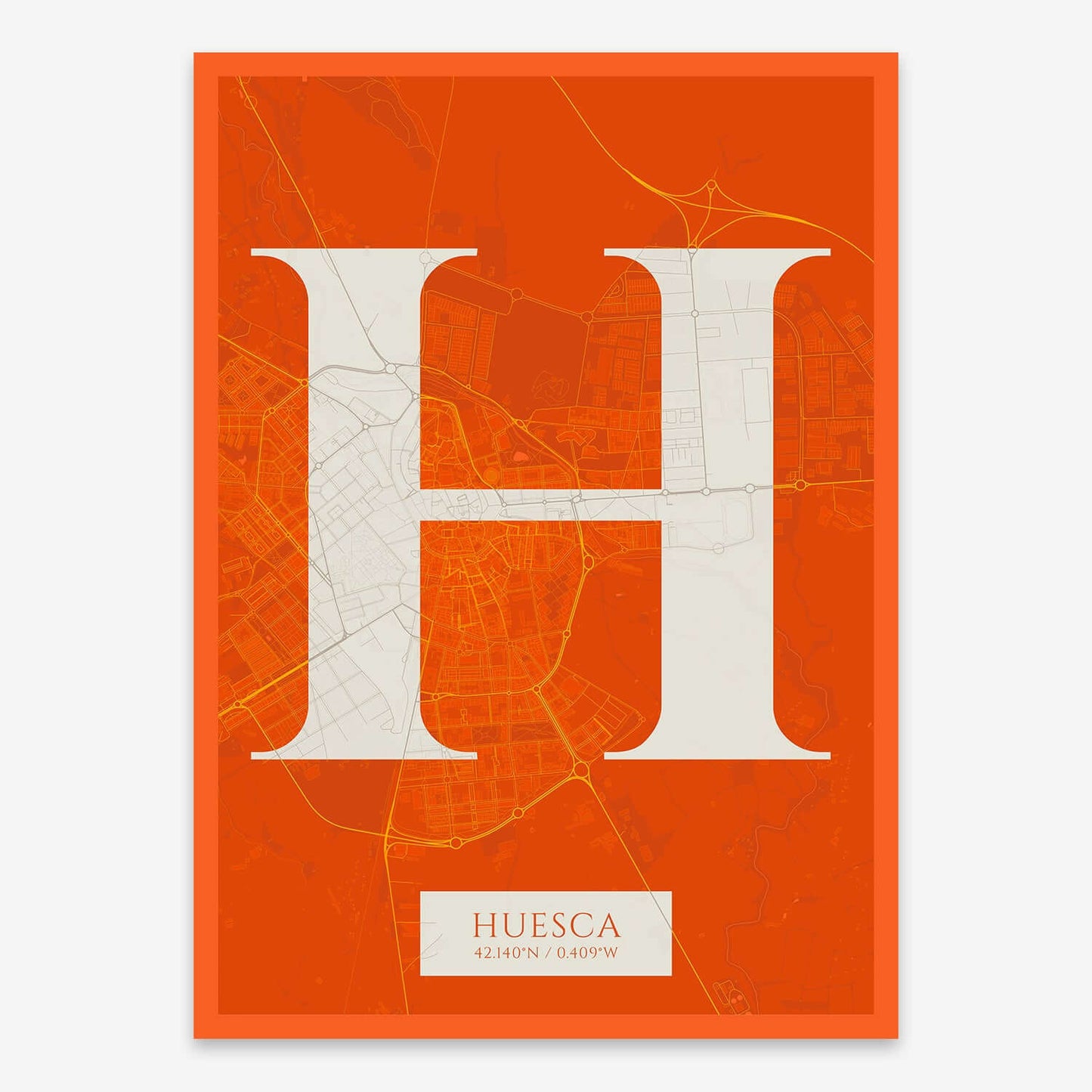 The map of Huesca composed with letters in serif font printed on orange and an off-white background