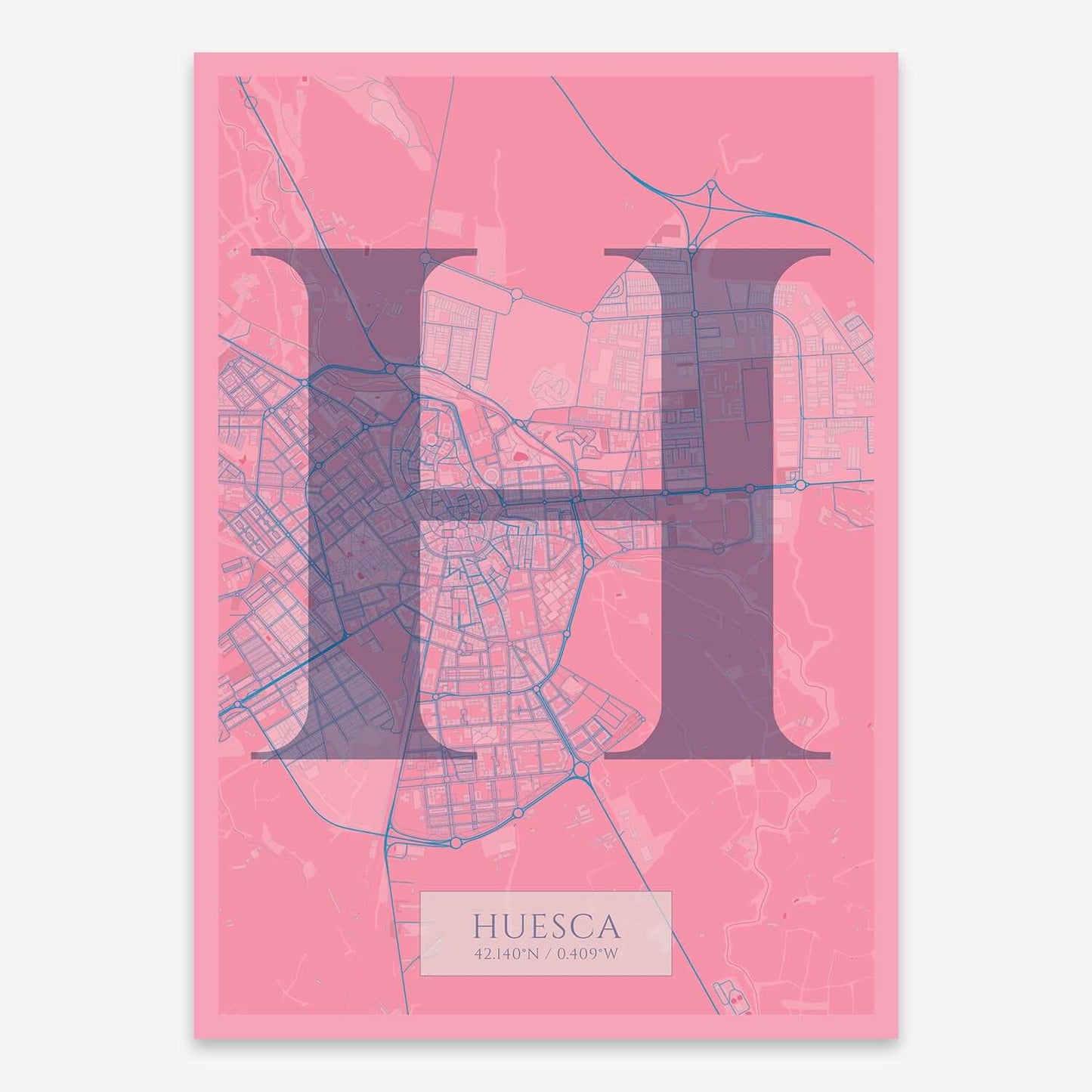 The map of Huesca composed with letters in serif font printed on violet y pink background