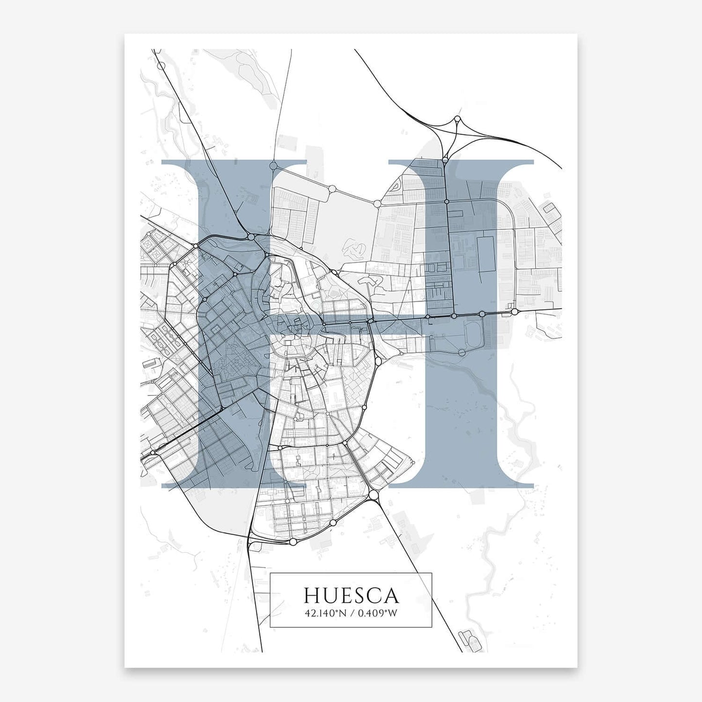 The map of Huesca composed with letters in serif font printed on black and white