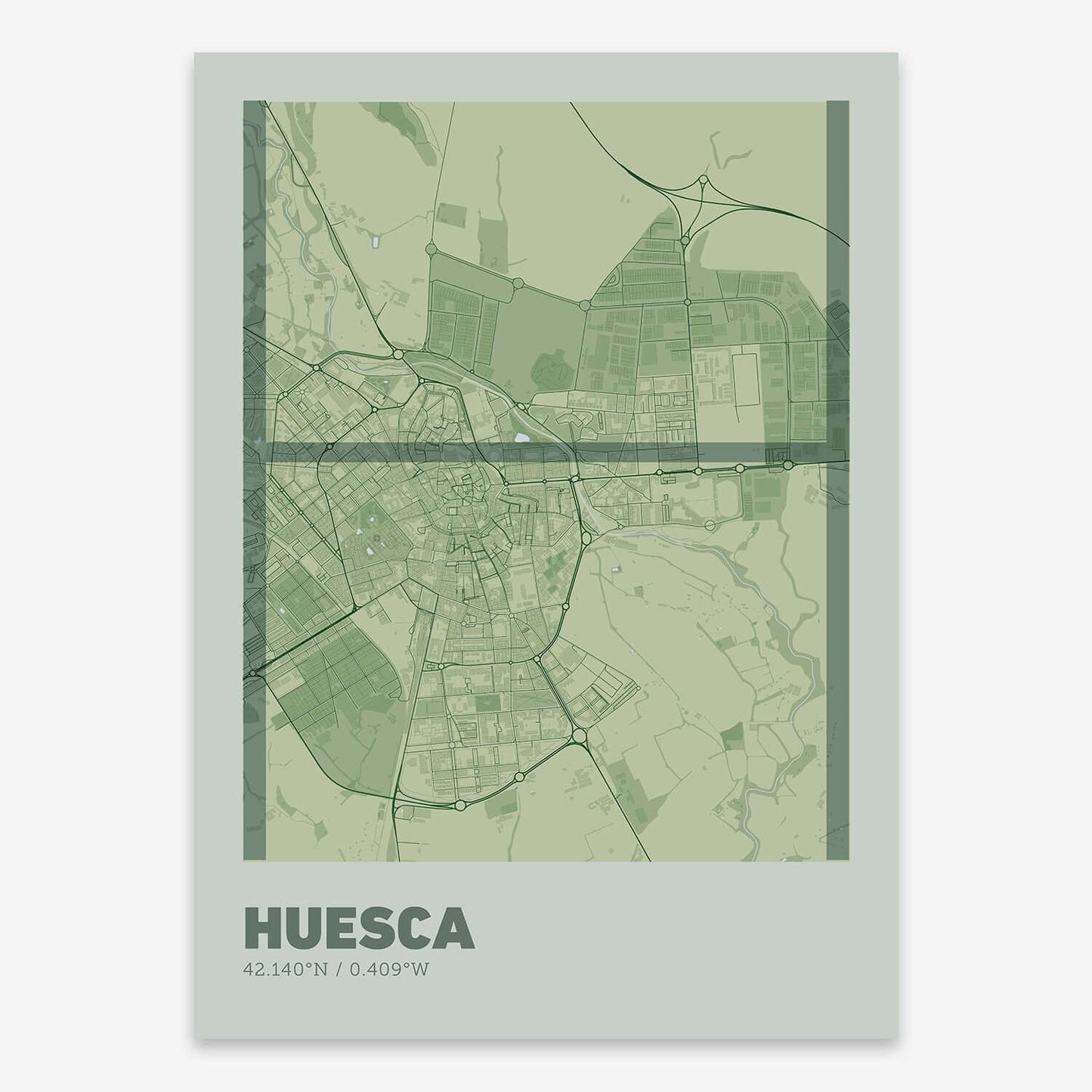 The map of Huesca composed with letters in extra light font printed on two green tones