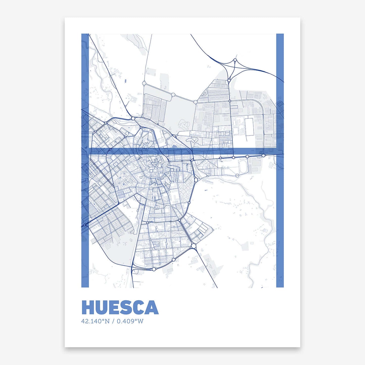 The map of Huesca composed with letters in extra light font printed on navy blue and white