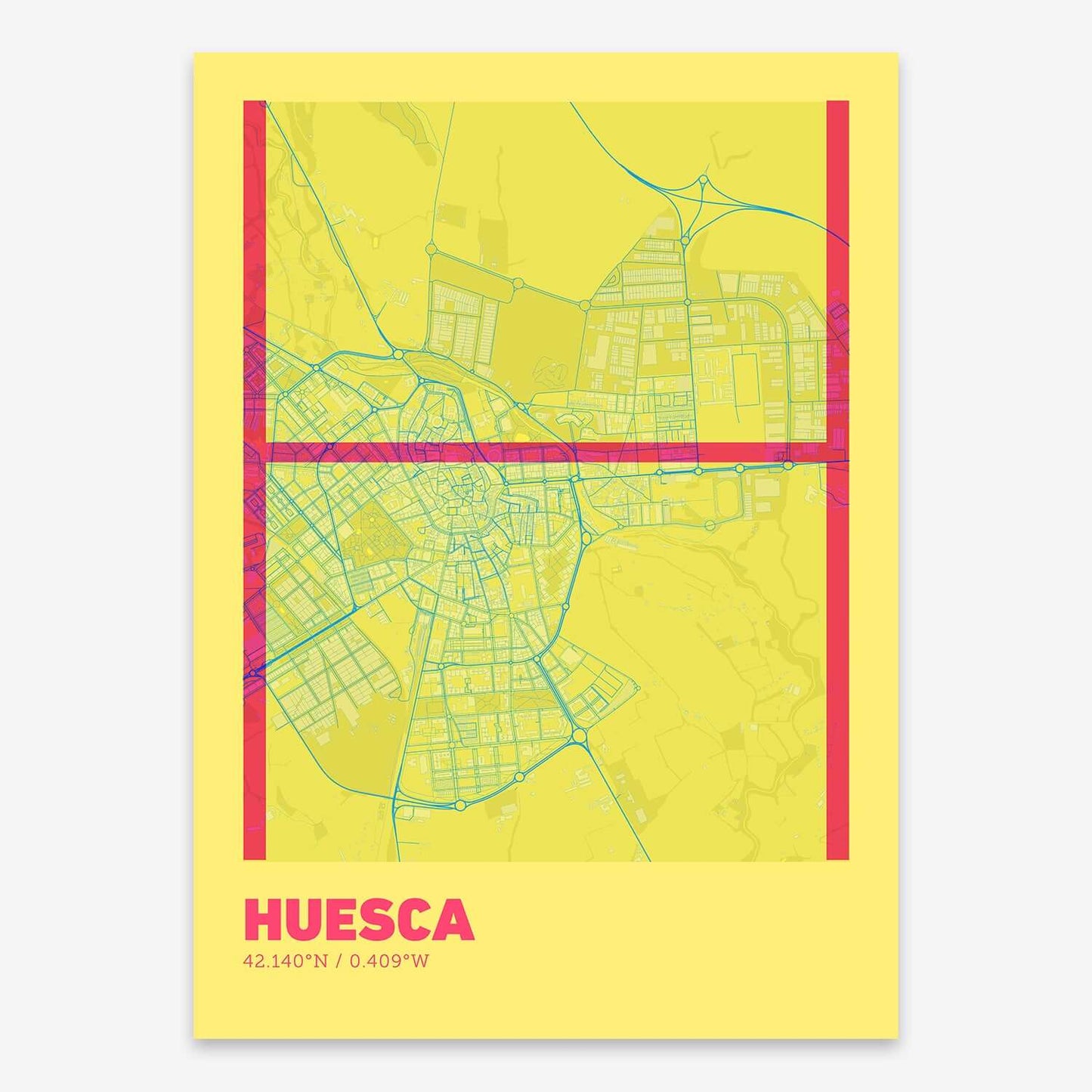 The map of Huesca composed with letters in extra light font printed on yellow and fuchsia