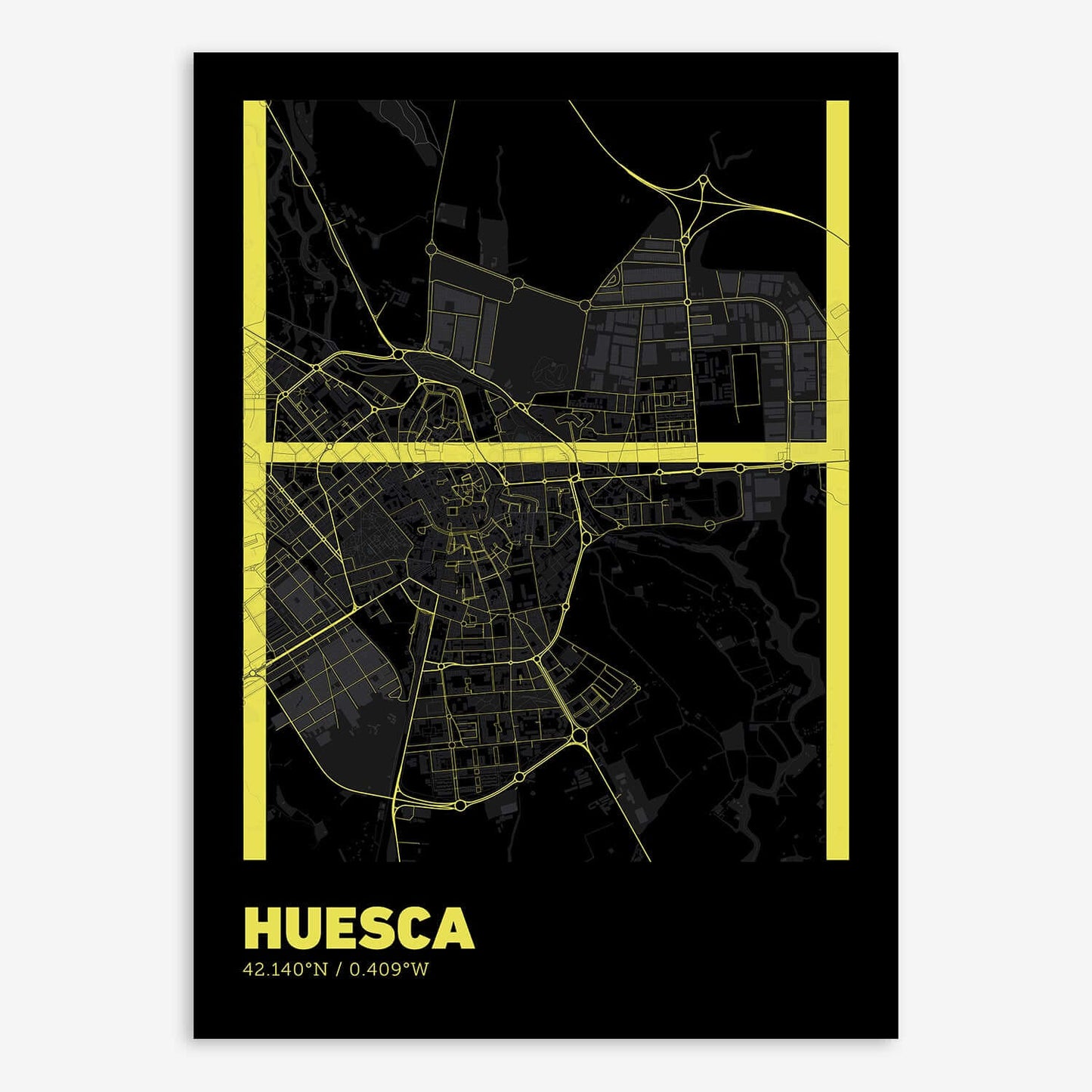 The map of Huesca composed with letters in extra light font printed on black and yellow