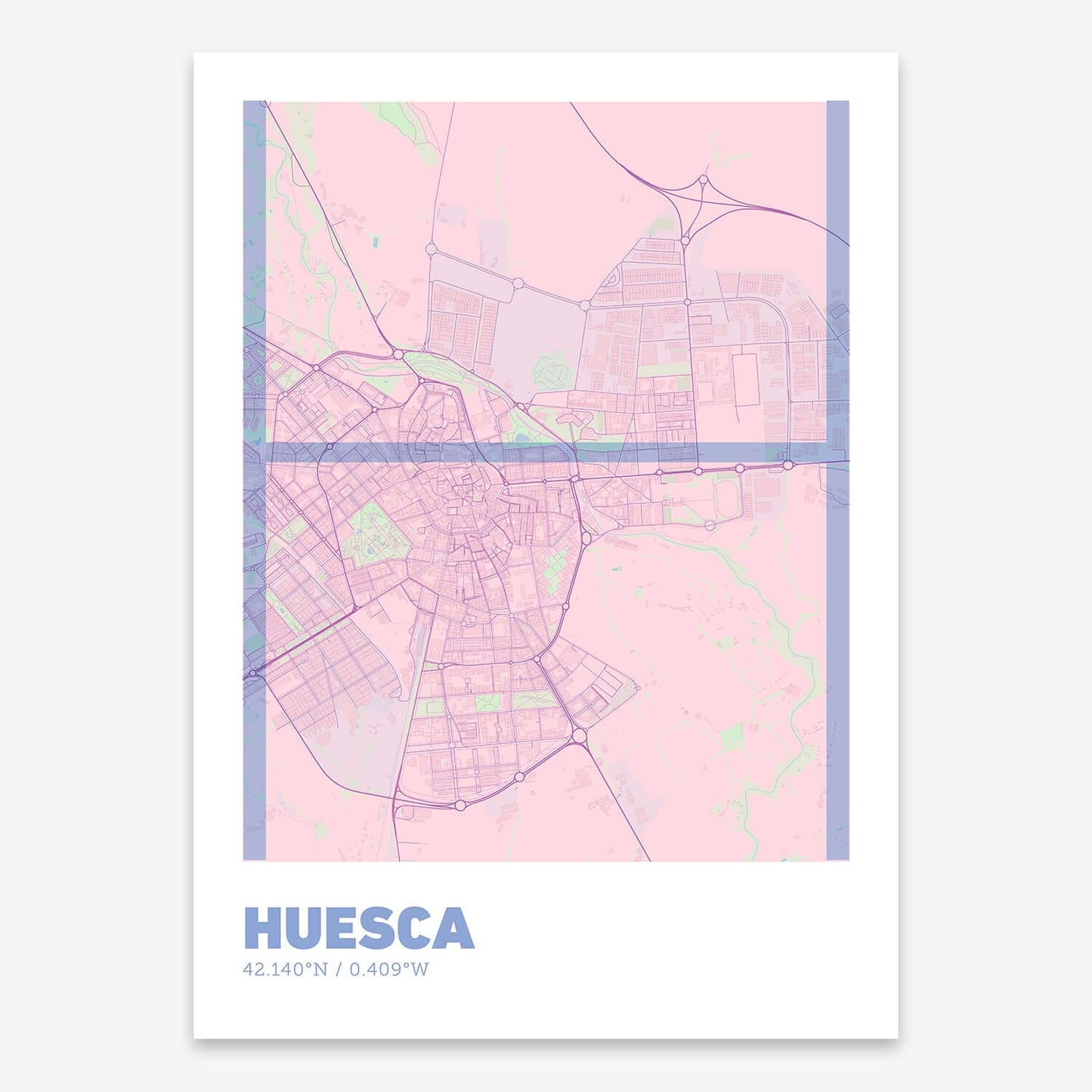 The map of Huesca composed with letters in extra light font printed on pink and light blue