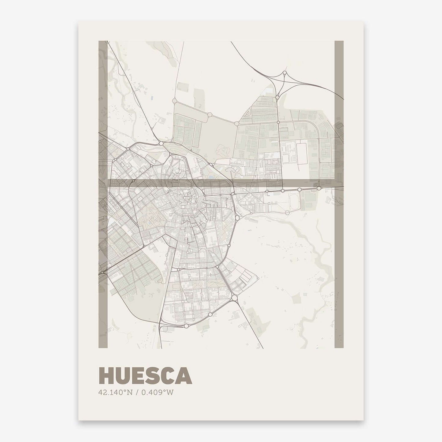 The map of Huesca composed with letters in extra light font printed on light brown and an off-white background