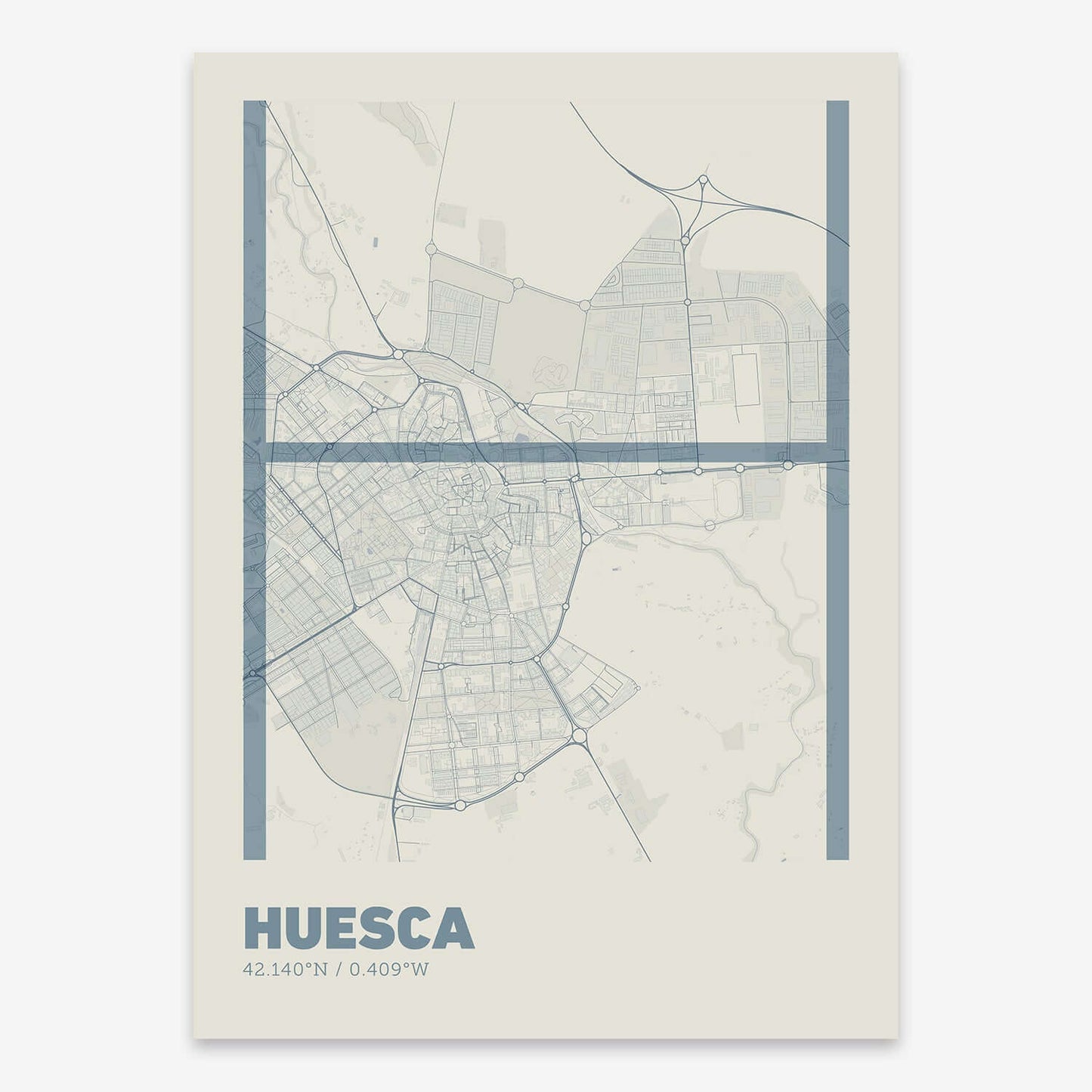 The map of Huesca composed with letters in extra light font printed on bluish gray and an off-white background