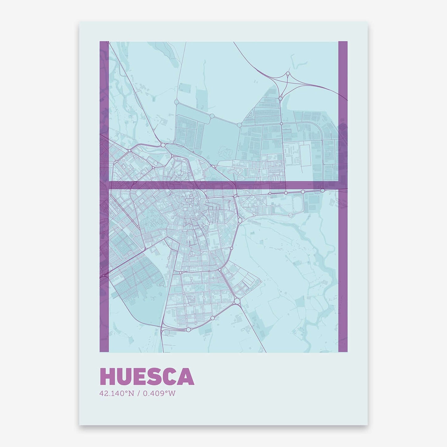 The map of Huesca composed with letters in extra light font printed on purple and light blue