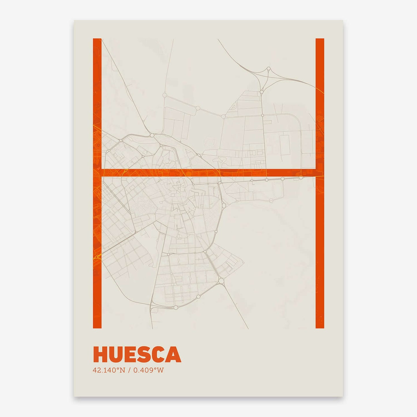 The map of Huesca composed with letters in extra light font printed on orange and an off-white background