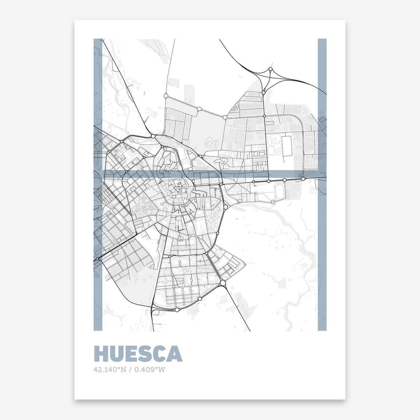 The map of Huesca composed with letters in extra light font printed on black and white