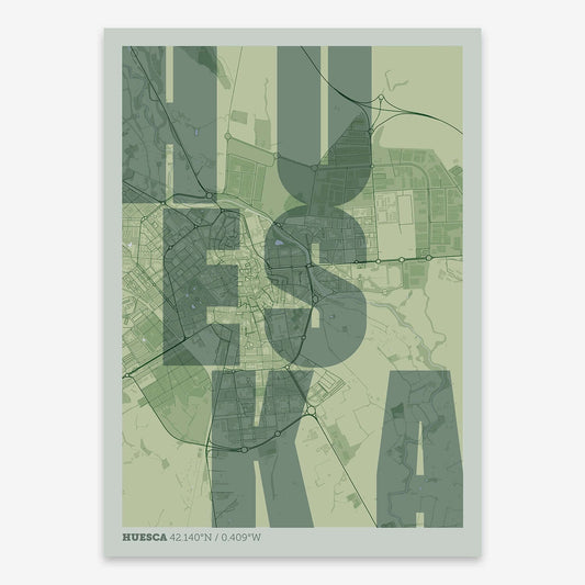 The map of Huesca with letters of its name placed randomly, designed in two green tones