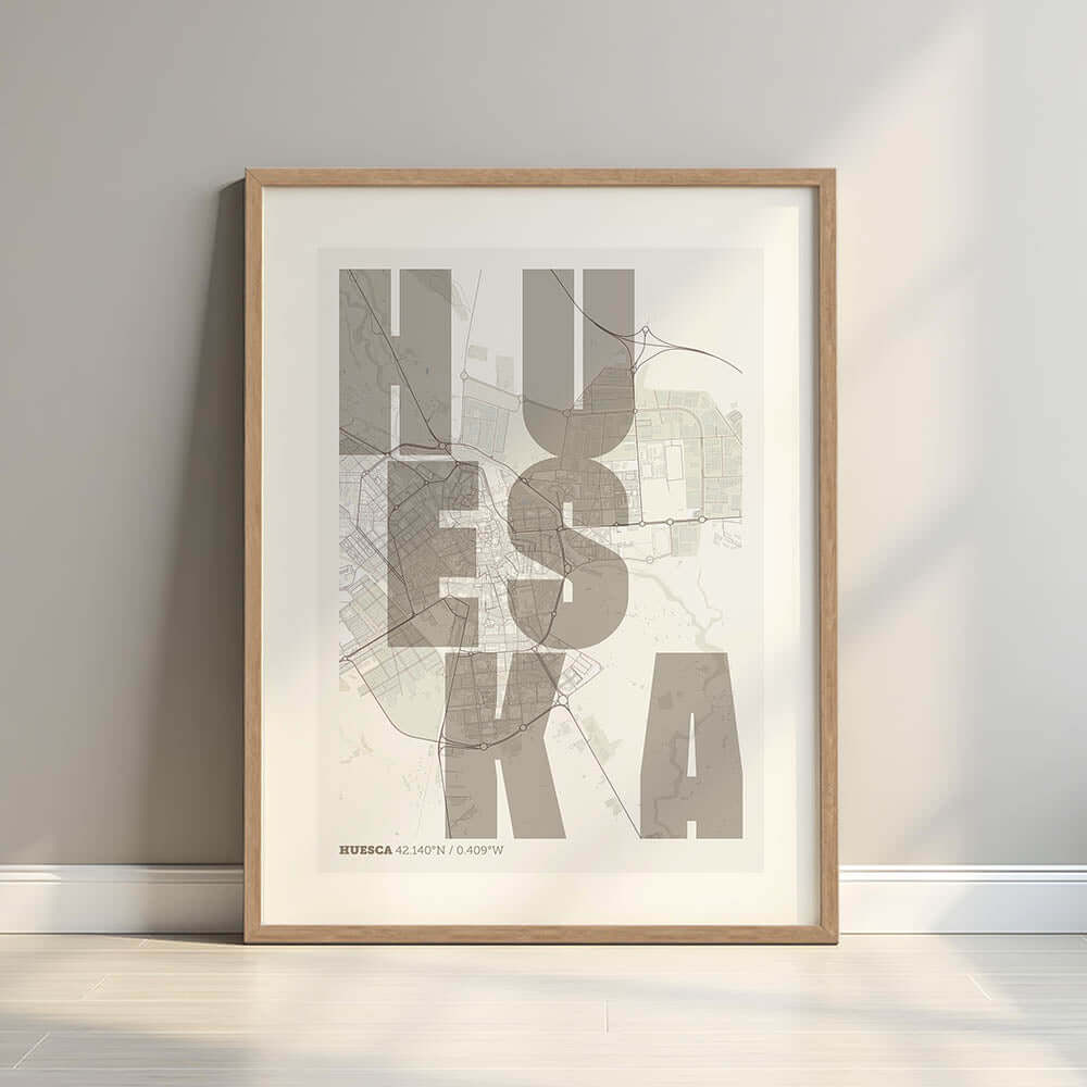Lámina creativa de Huesca – Diseño gráfico y tipografía sobre mapa