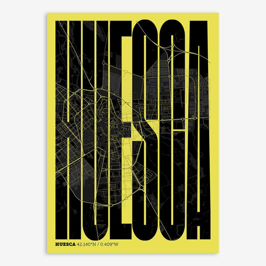 The map of Huesca and letters of its name in a giclée print designed in black and yellow