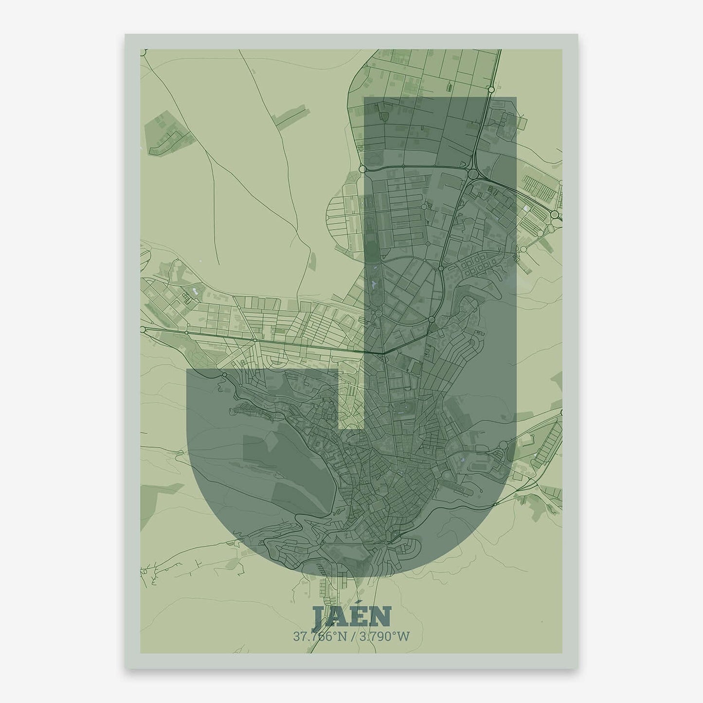 The map of Jaen composed with letters in a heavy geometric font printed on two green tones